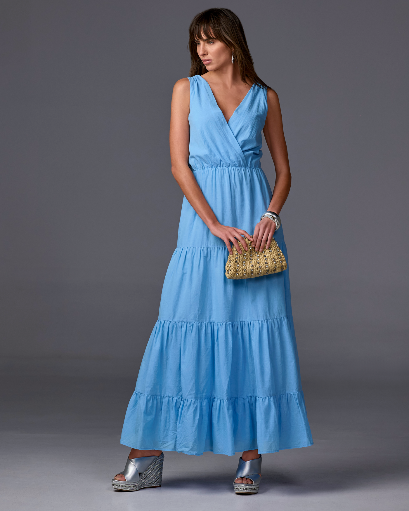 Surplice Tiered Cotton Maxi Dress Sky Blue
