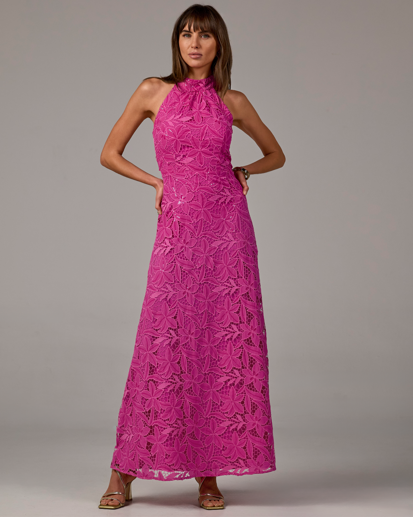 Sequin Lace Halter Neck Maxi Dress Raspberry Rose