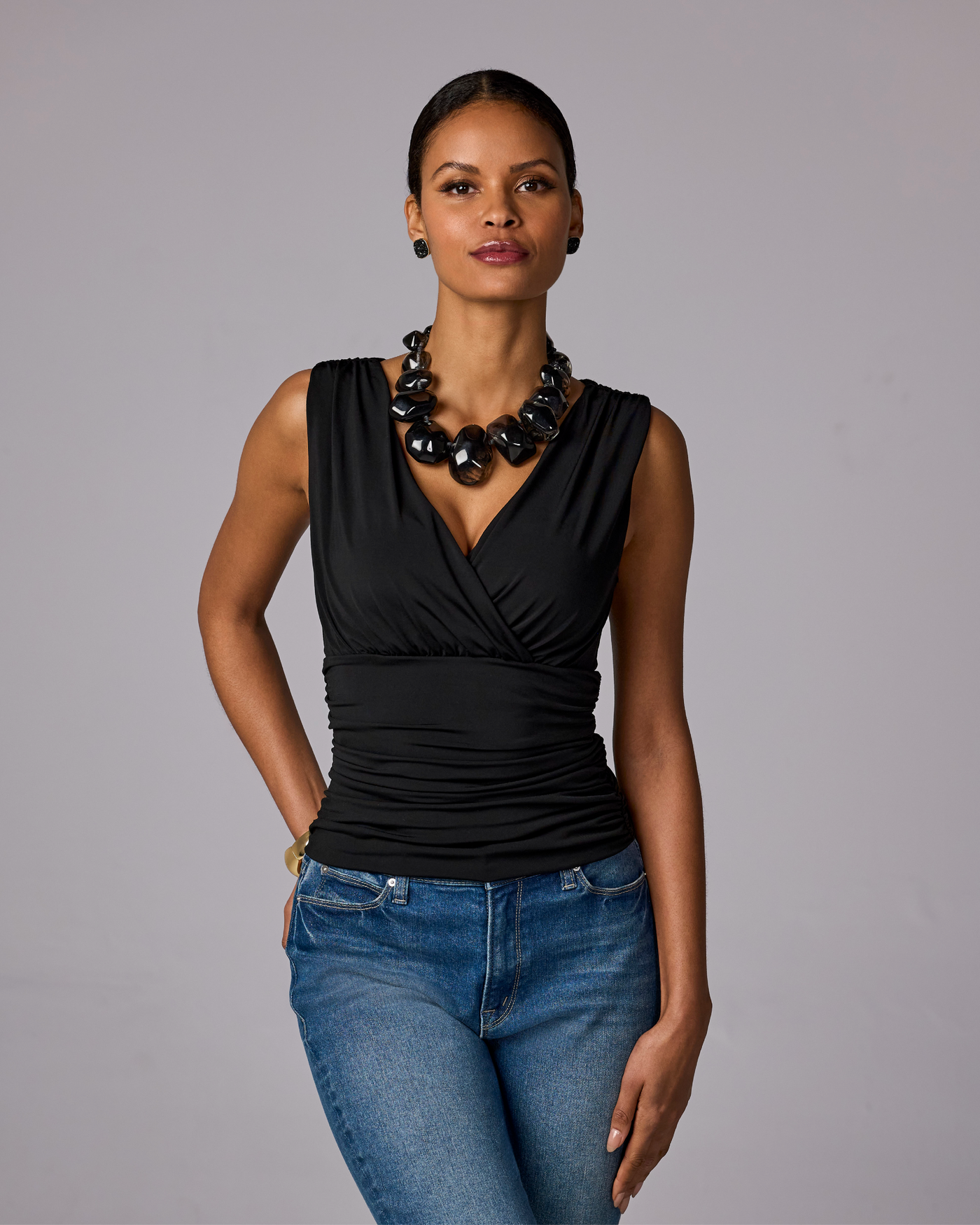 So Chic Surplice Ruched Top Proper Black