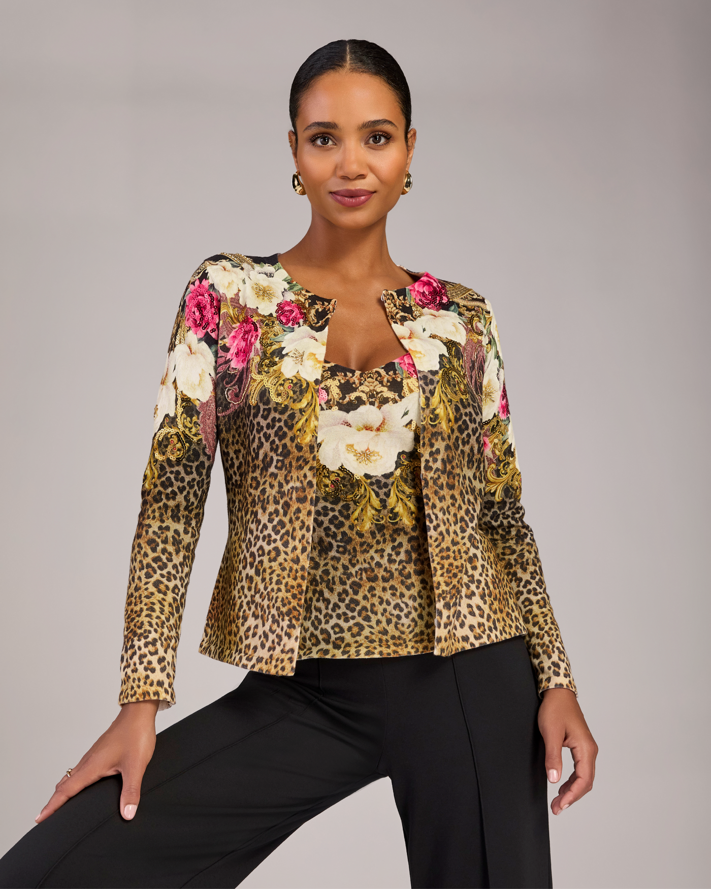 Printed Embellished Cardigan Cheetah Bloom Scrolls