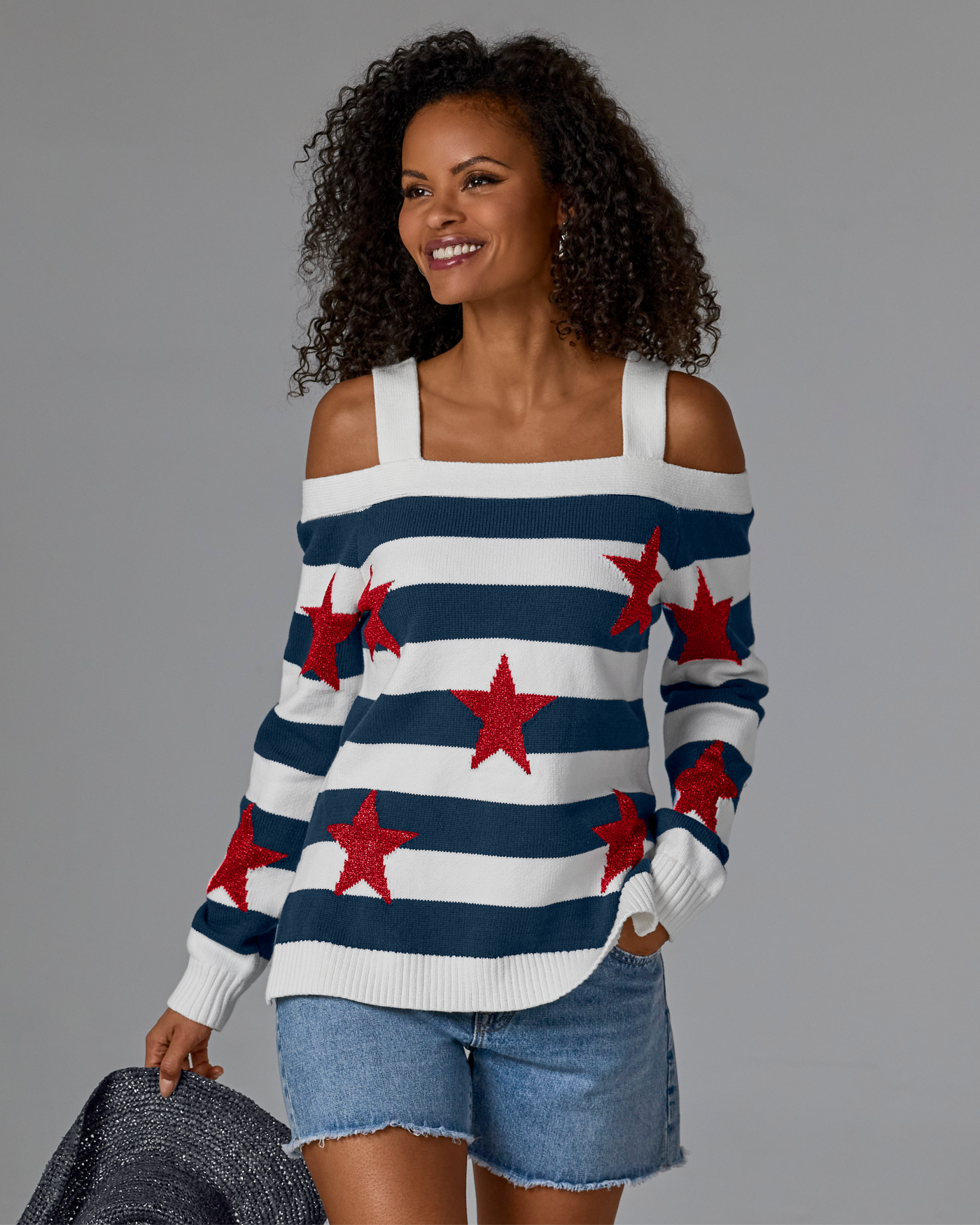 Cold Shoulder Printed Sweater Red White and Beautiful
