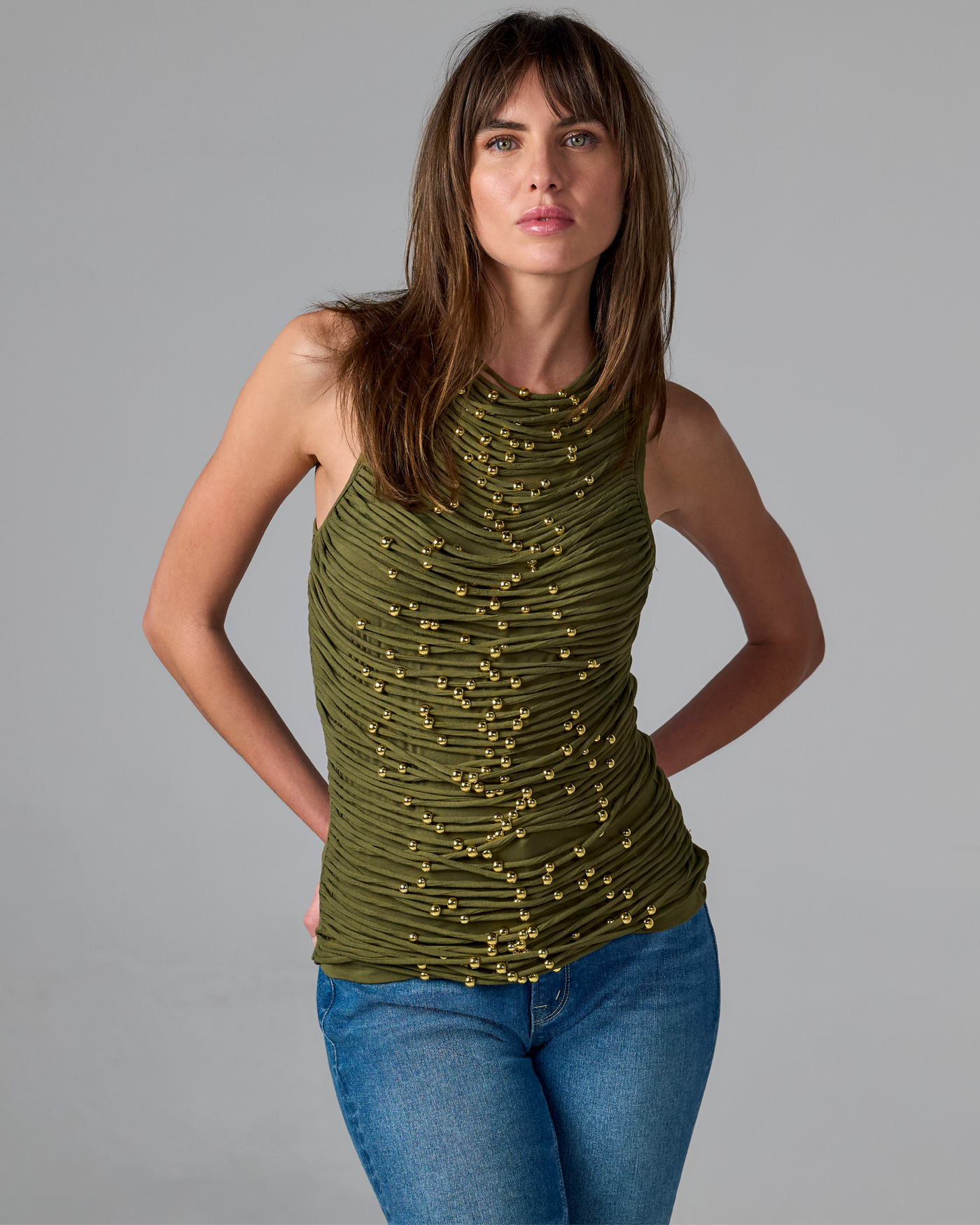 High Neck Beaded Mesh Top Olive Night