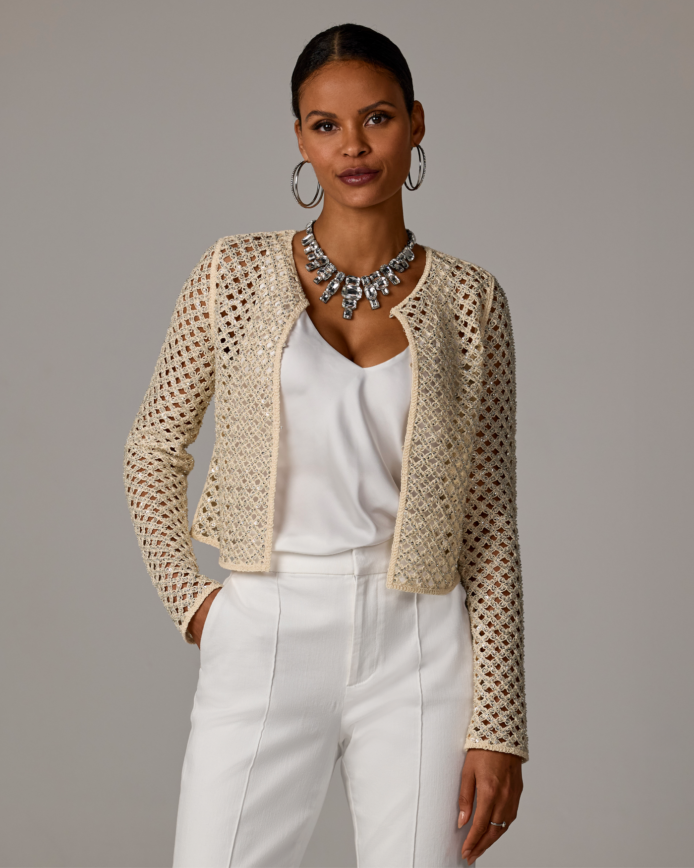 Embellished Crochet Cardigan Neutral