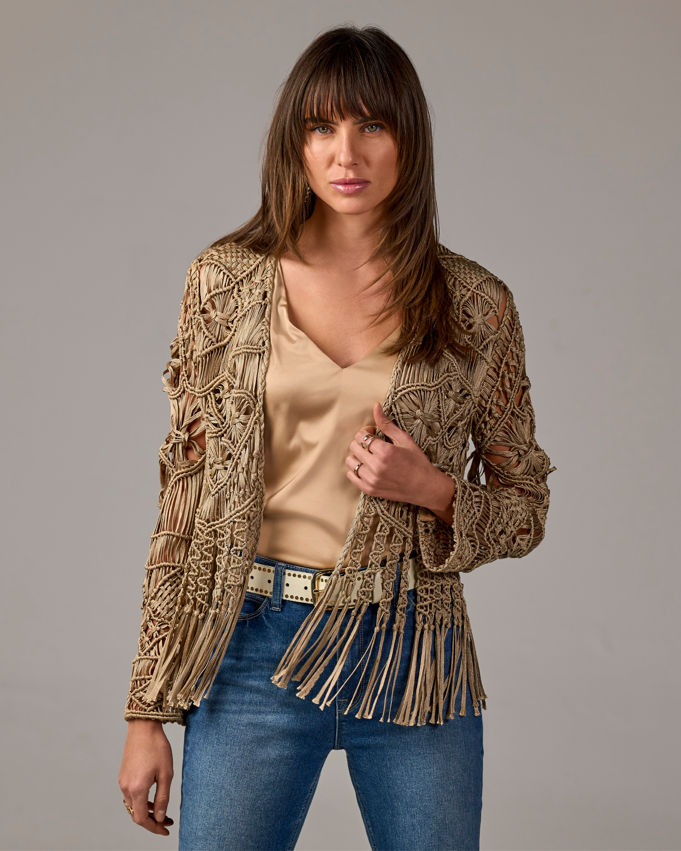 Macrame Fringe Cardigan Sesame