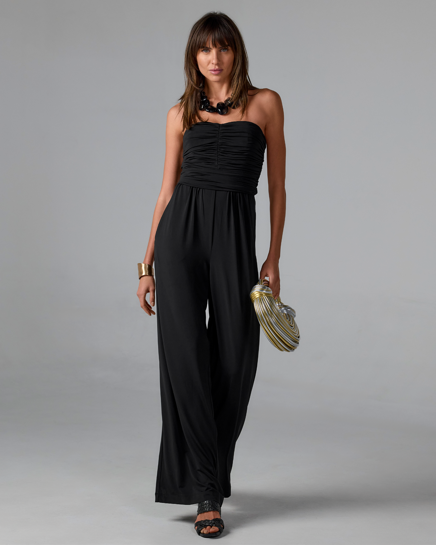 Strapless Ruched Wide Leg Knit Jumpsuit Black