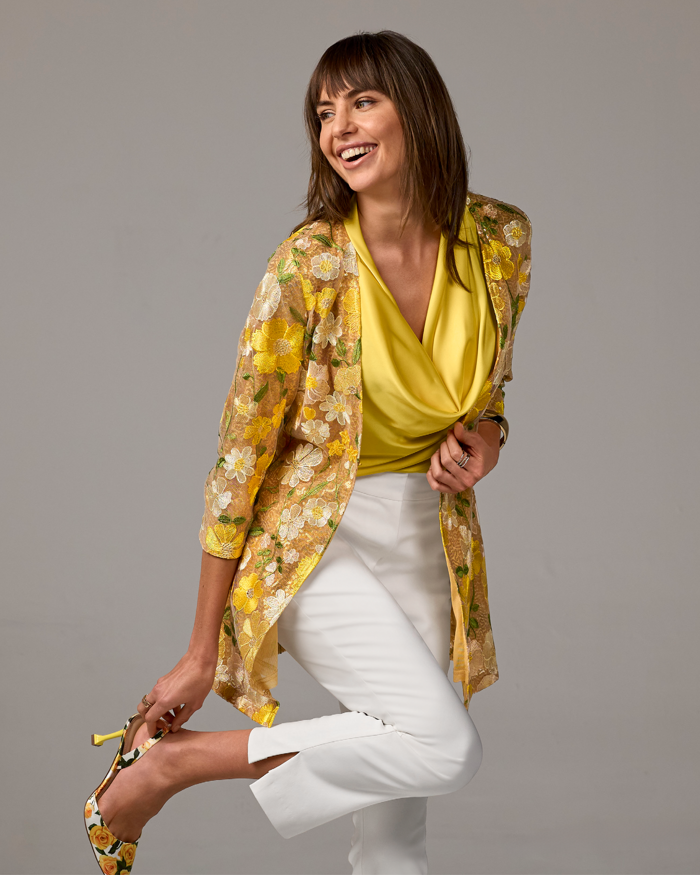 Sequin Embroidered Mesh Hip Length Duster Yellow Multi