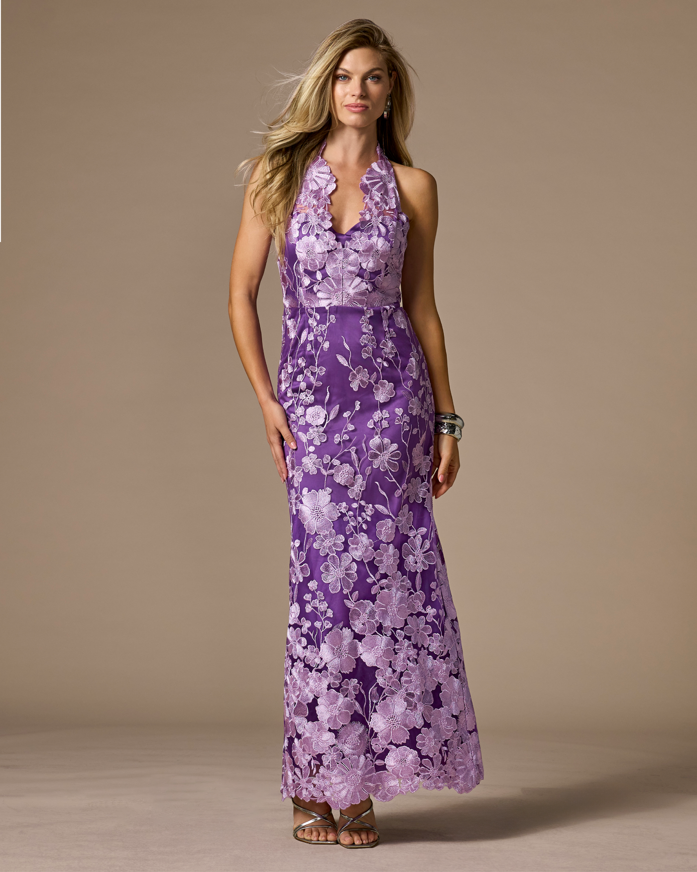 Scallop Detail Halter Embroidered Mesh Gown Lavender