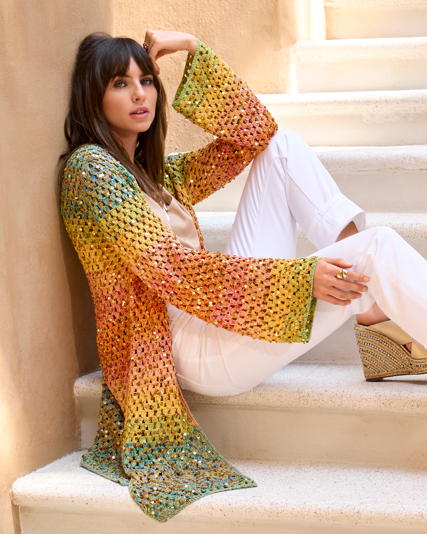 Crochet Sequin Sweater Duster Multi