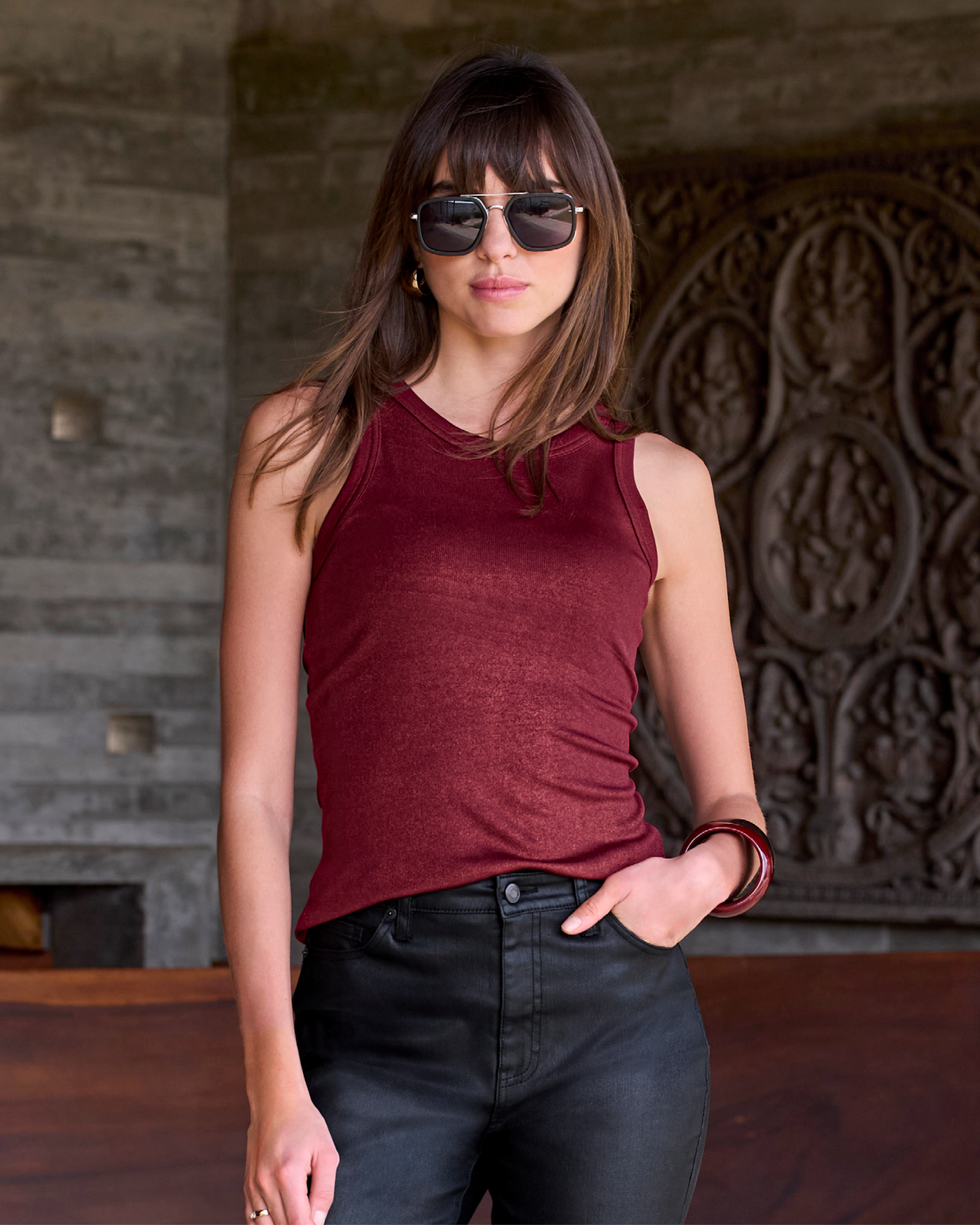 So Essential Metallic Ribbed High Neck Tank Black Cherry