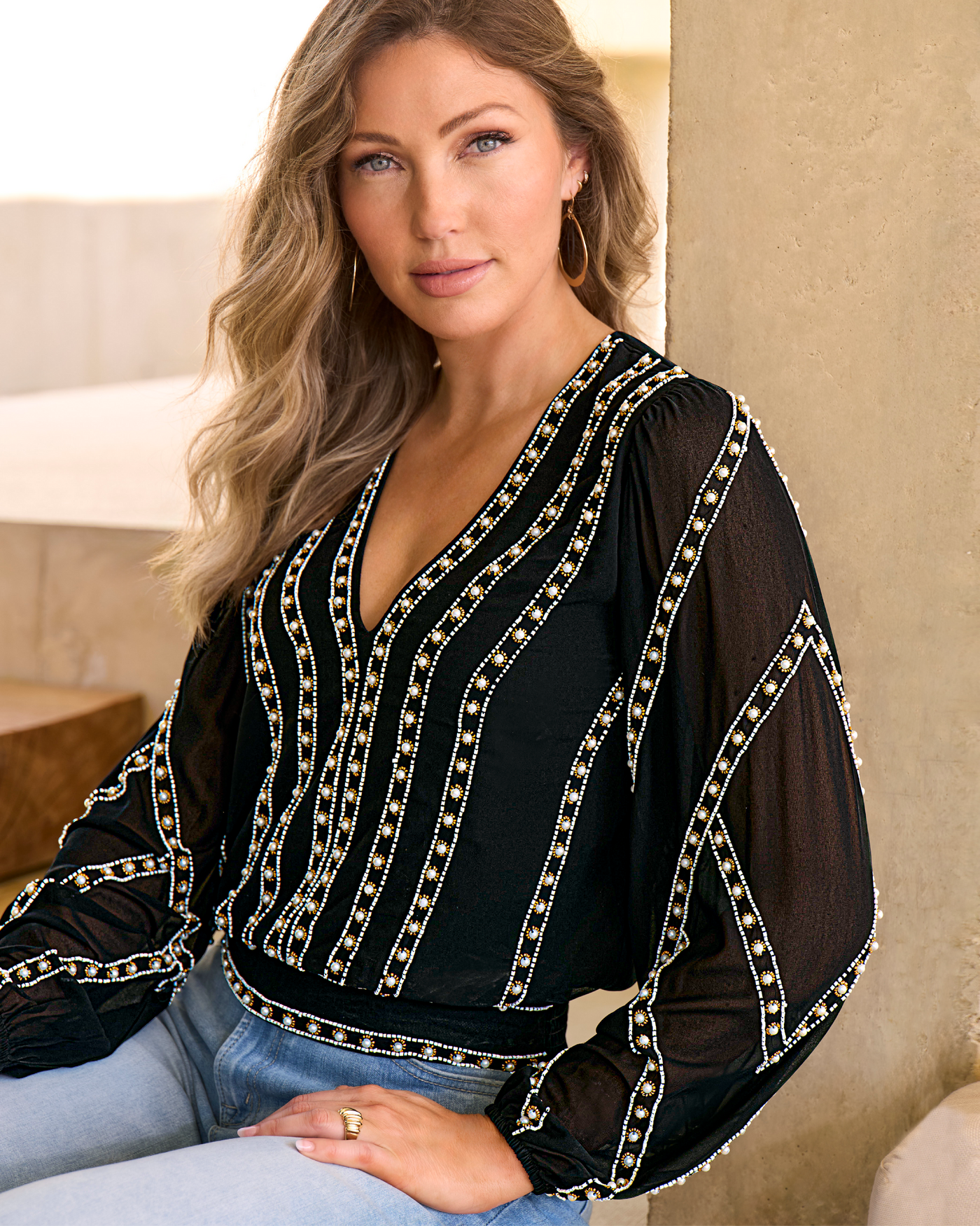 Pearl Grommet Detail Blouse Black