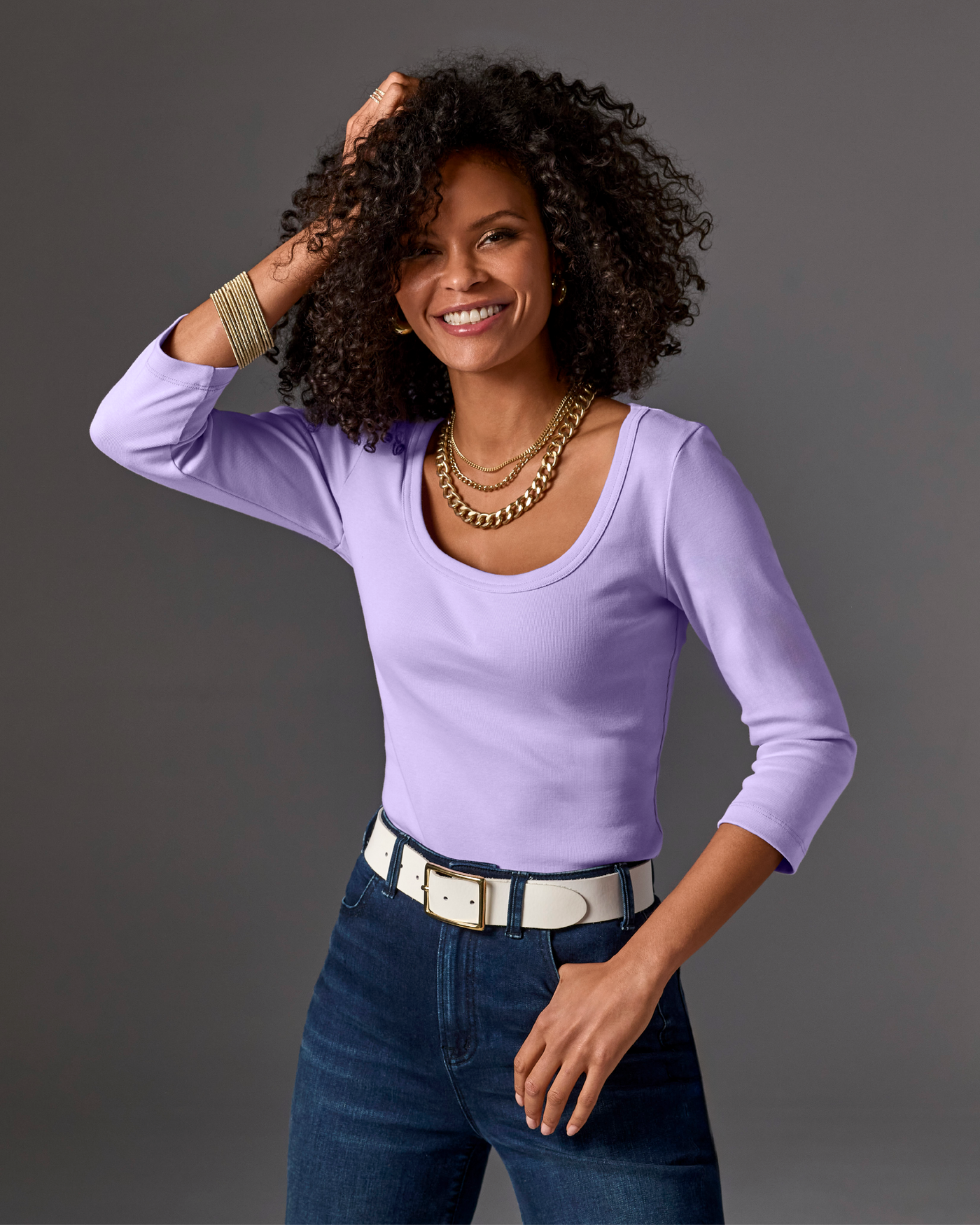 Cotton Scoop Neck Three Quarter Sleeve Top Lavendula