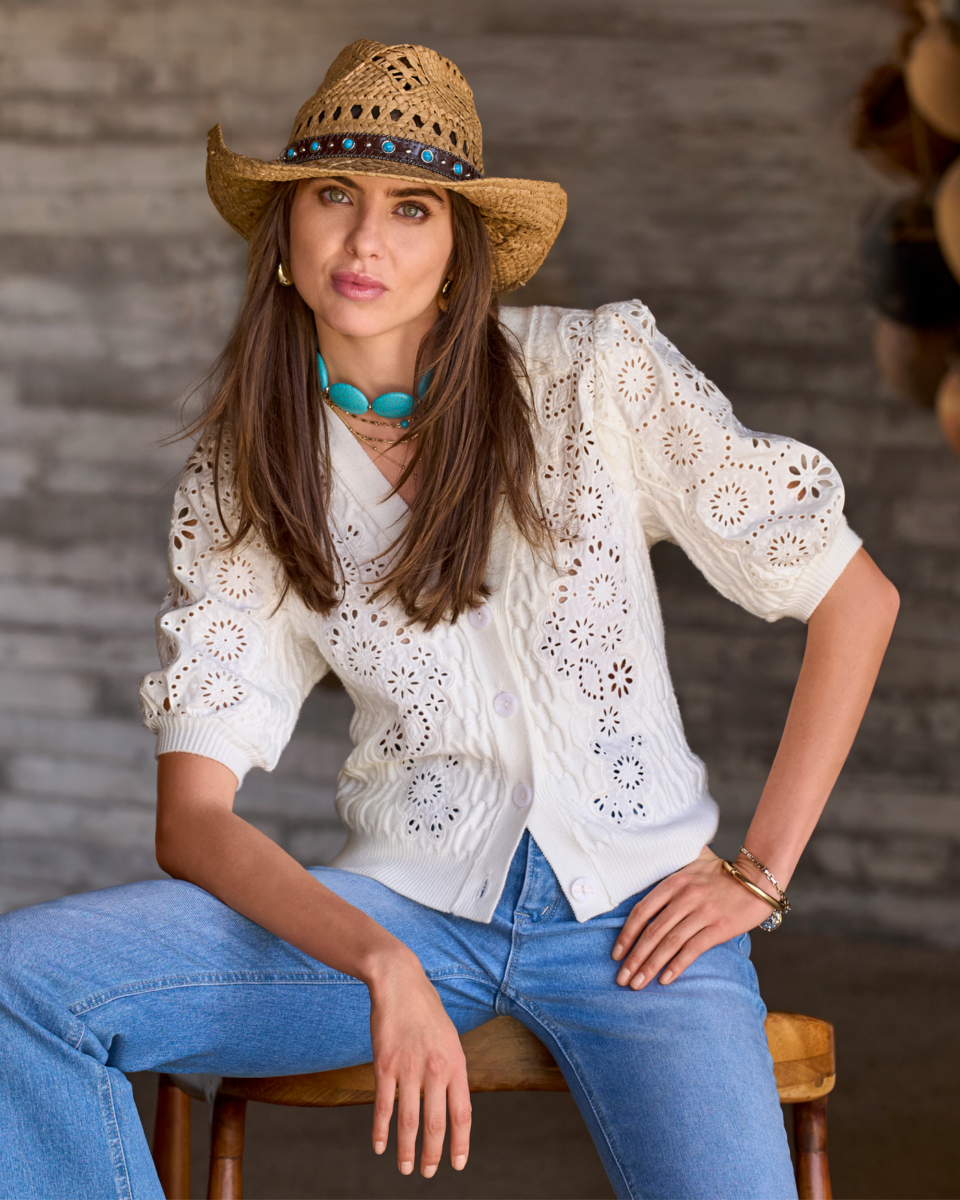 Eyelet Cable Button Up Cardigan Sweater Off White
