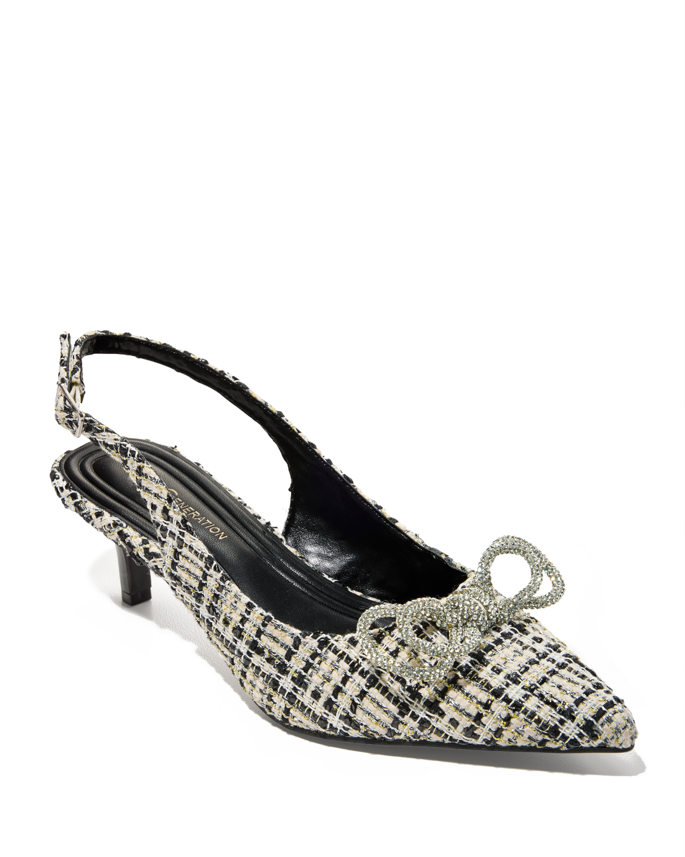 Bow Detail Tweed Sling-Back Kitten Heel Black Multi
