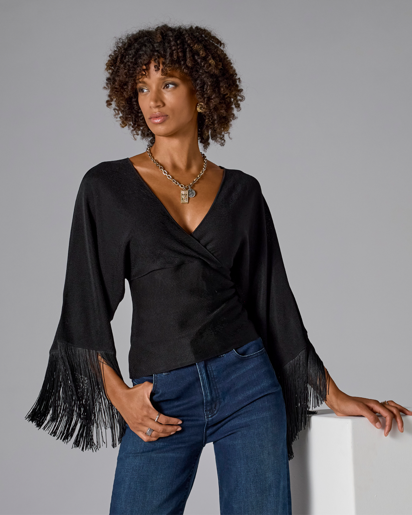 Surplice V-Neck Sleeve Fringe Sweater Top Black