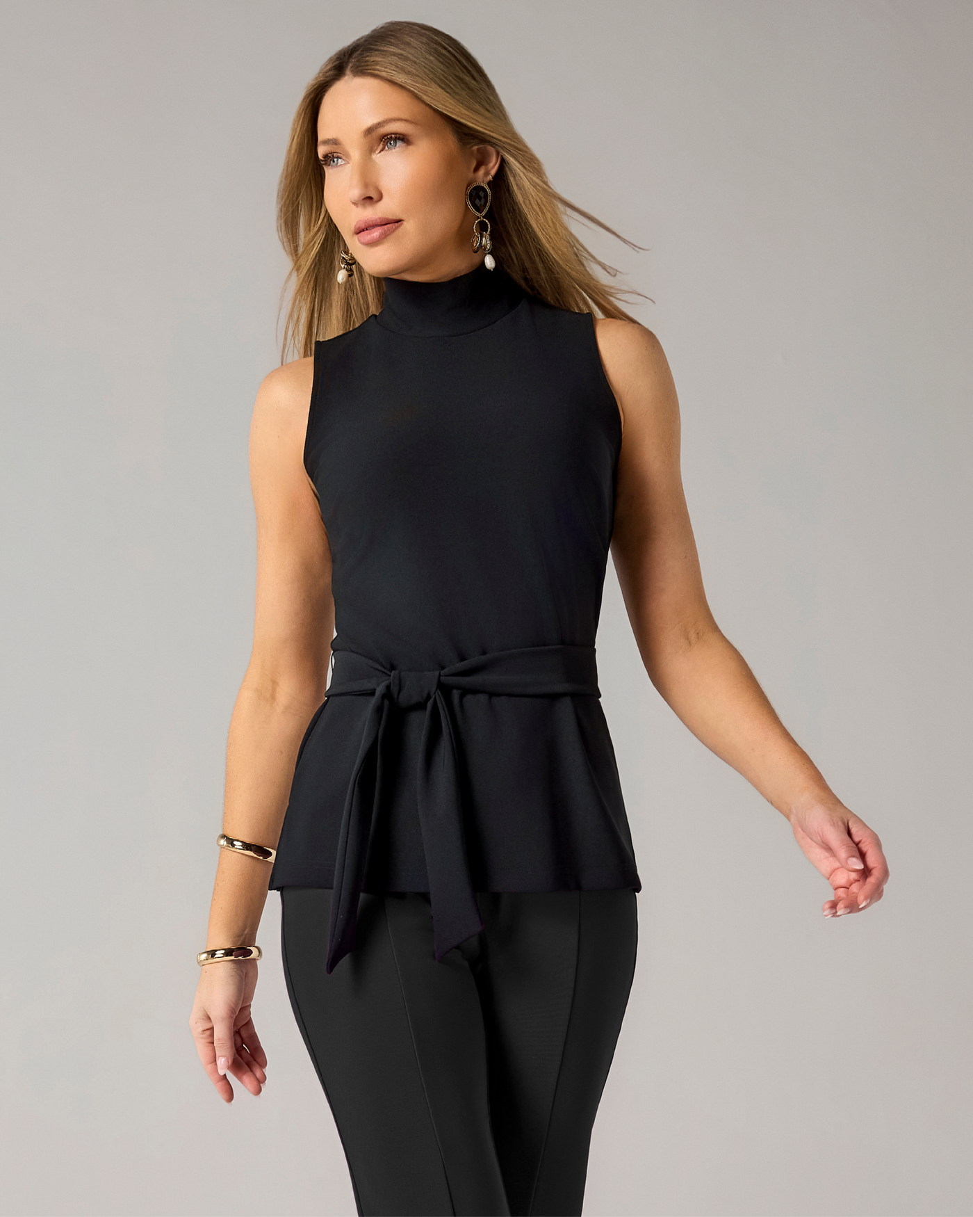 Beyond Travel Belted Mockneck Tunic Top Jet Black