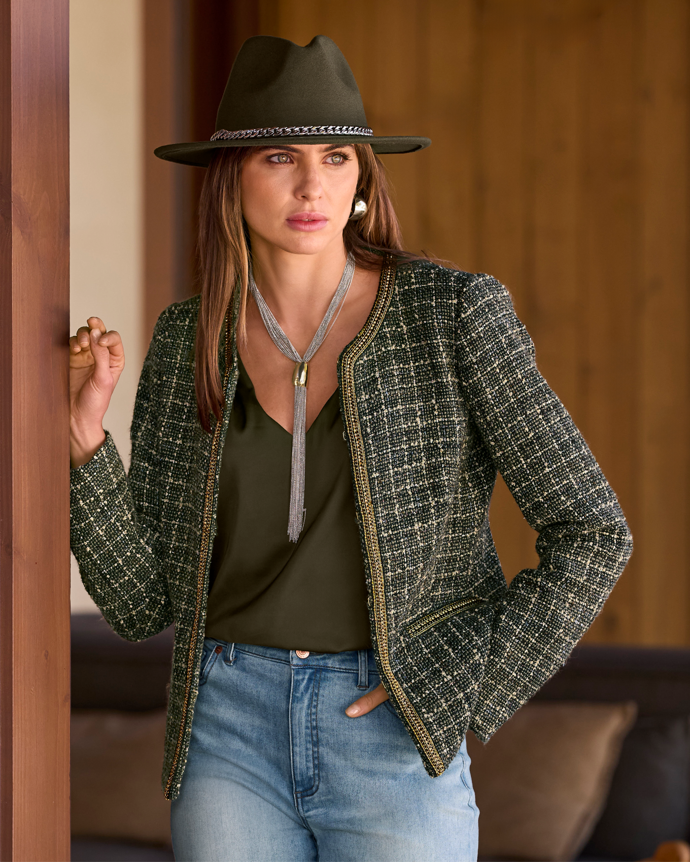 Gold Trim Collarless Tweed Jacket Olive Multi