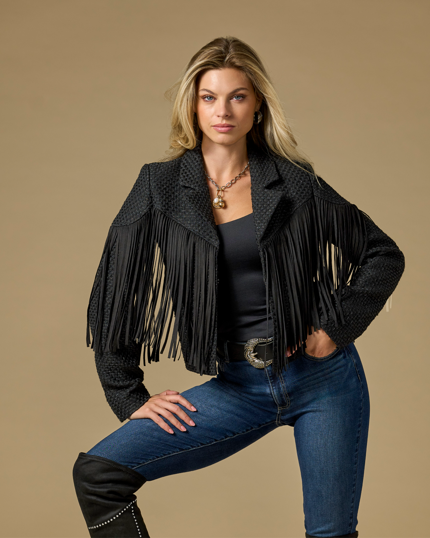 Fringe Detail Collared Shimmer Tweed Jacket Black