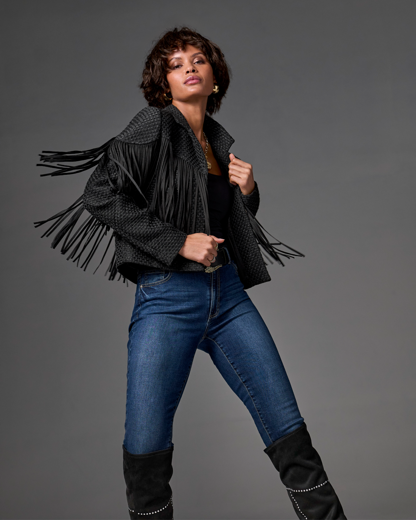 Fringe Detail Collared Shimmer Tweed Jacket - Black – Boston Proper