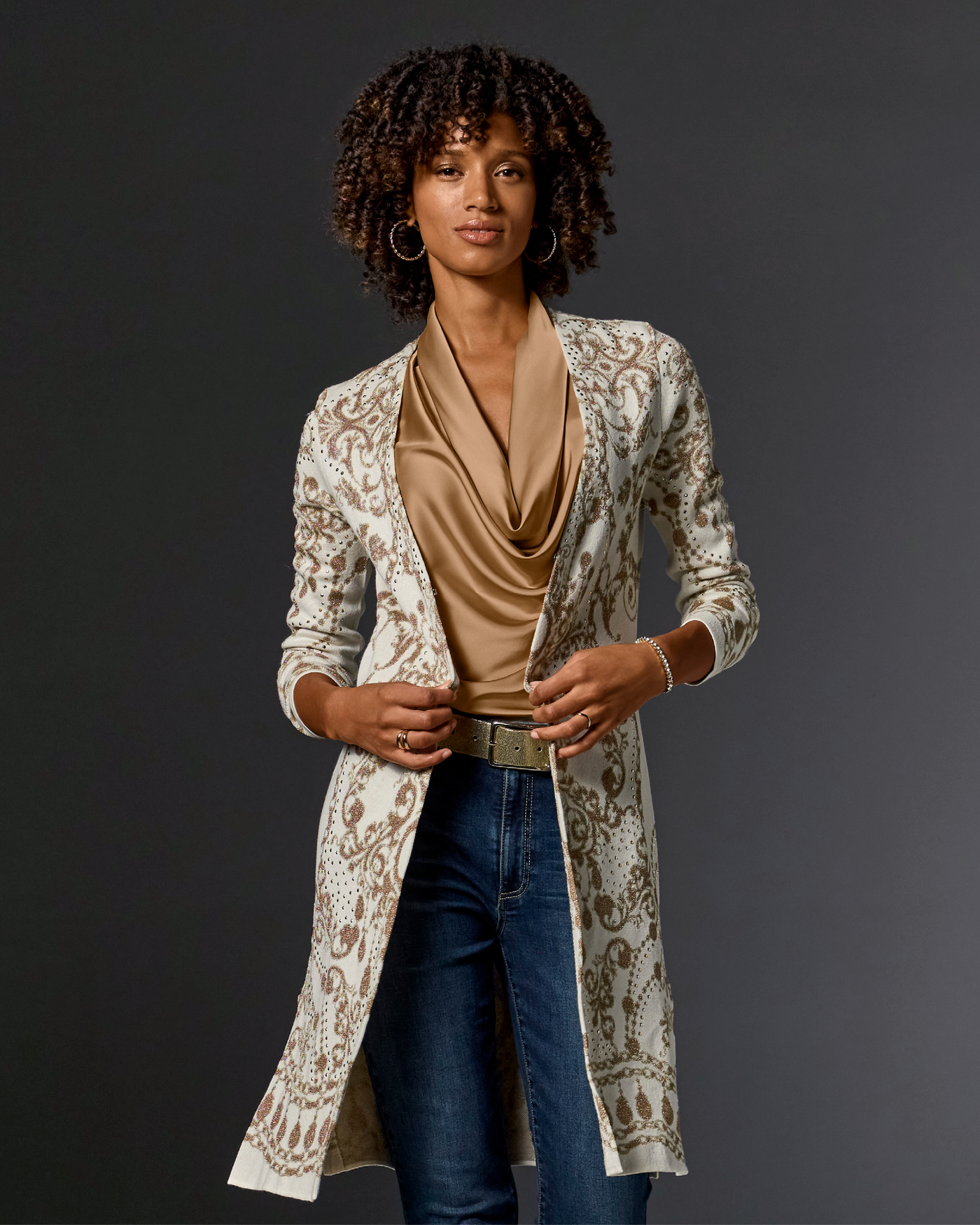 Patterned Long Lightweight Cardigan Golden Scrolls