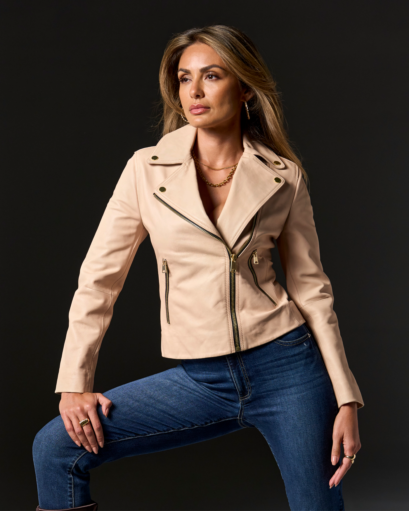 Genuine Leather Zip Detail Moto Jacket Bone