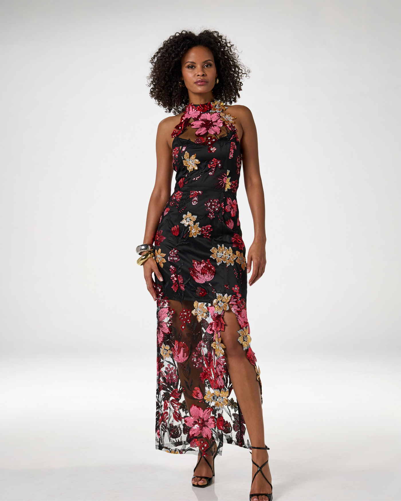 Sequin Mesh Slit Maxi Gown Black Multi