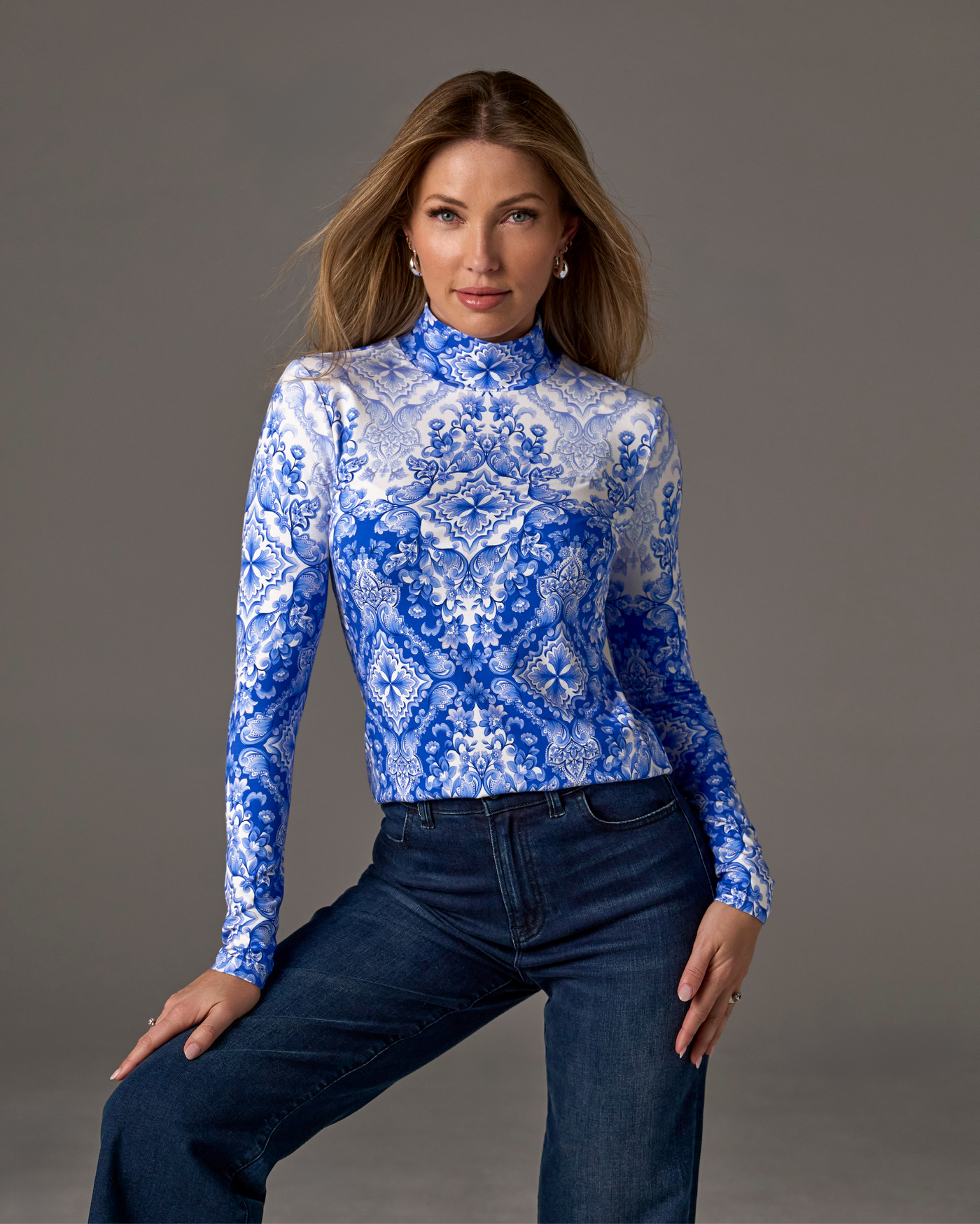 Long Sleeve Printed Turtleneck Top Fashion Fair Isle