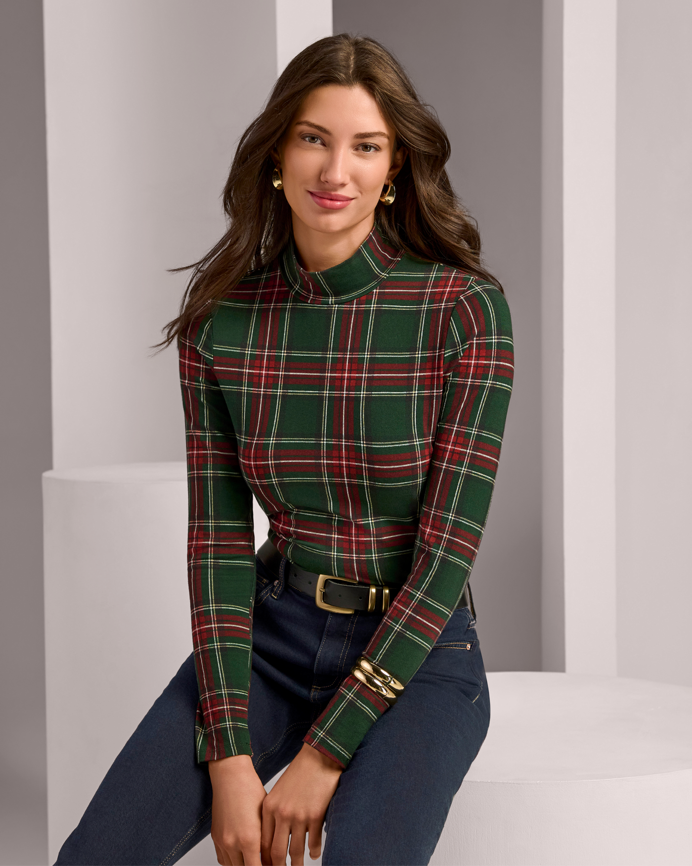 Long Sleeve Printed Turtleneck Top Christmas Plaid