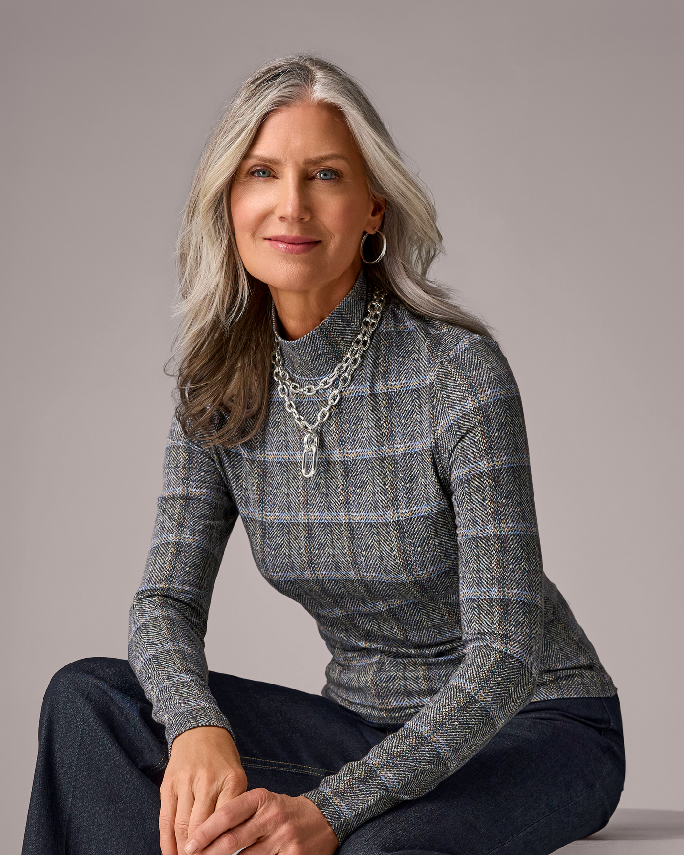 Long Sleeve Printed Turtleneck Top Plaid Fete