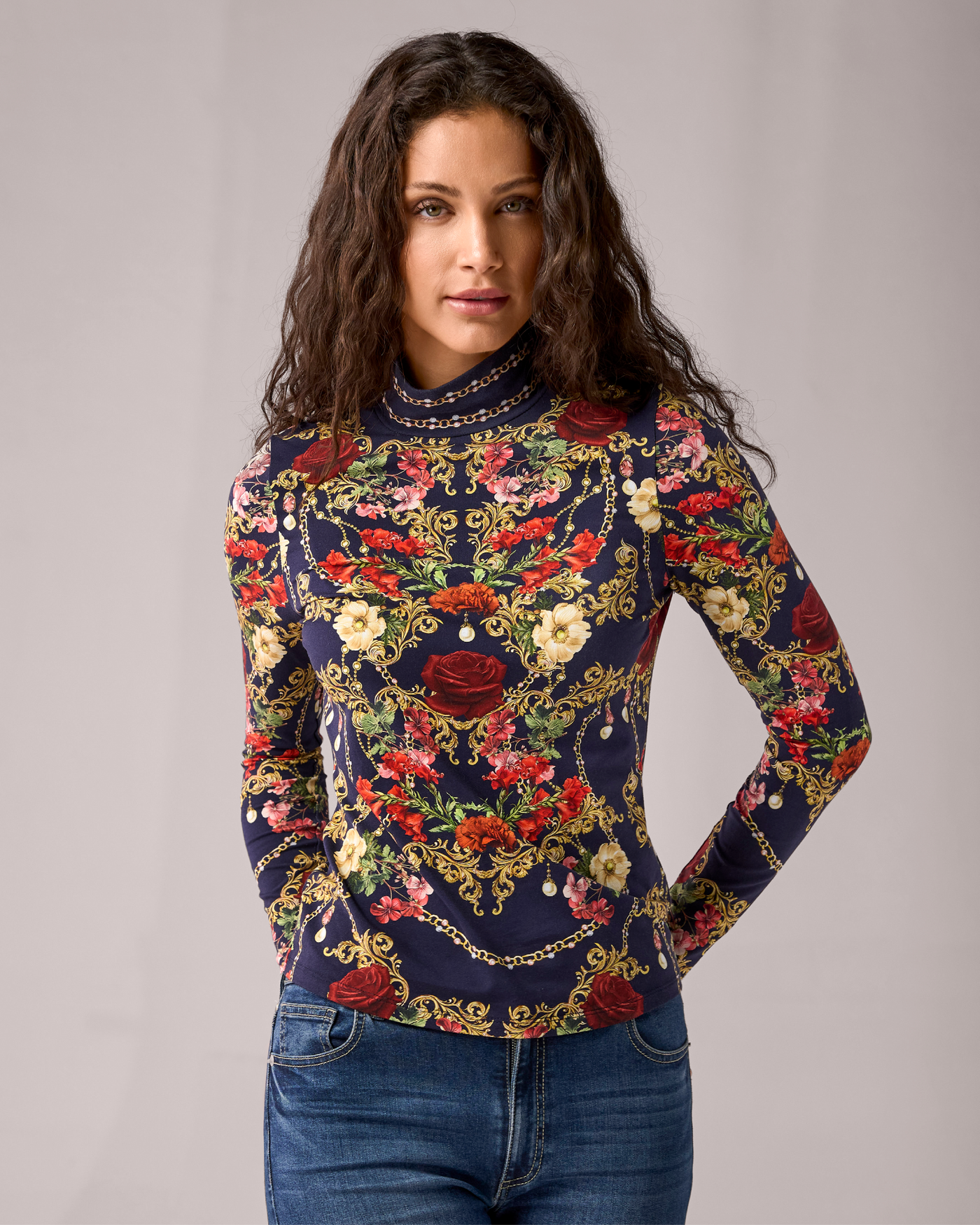 Long Sleeve Printed Turtleneck Top Romance Reveire