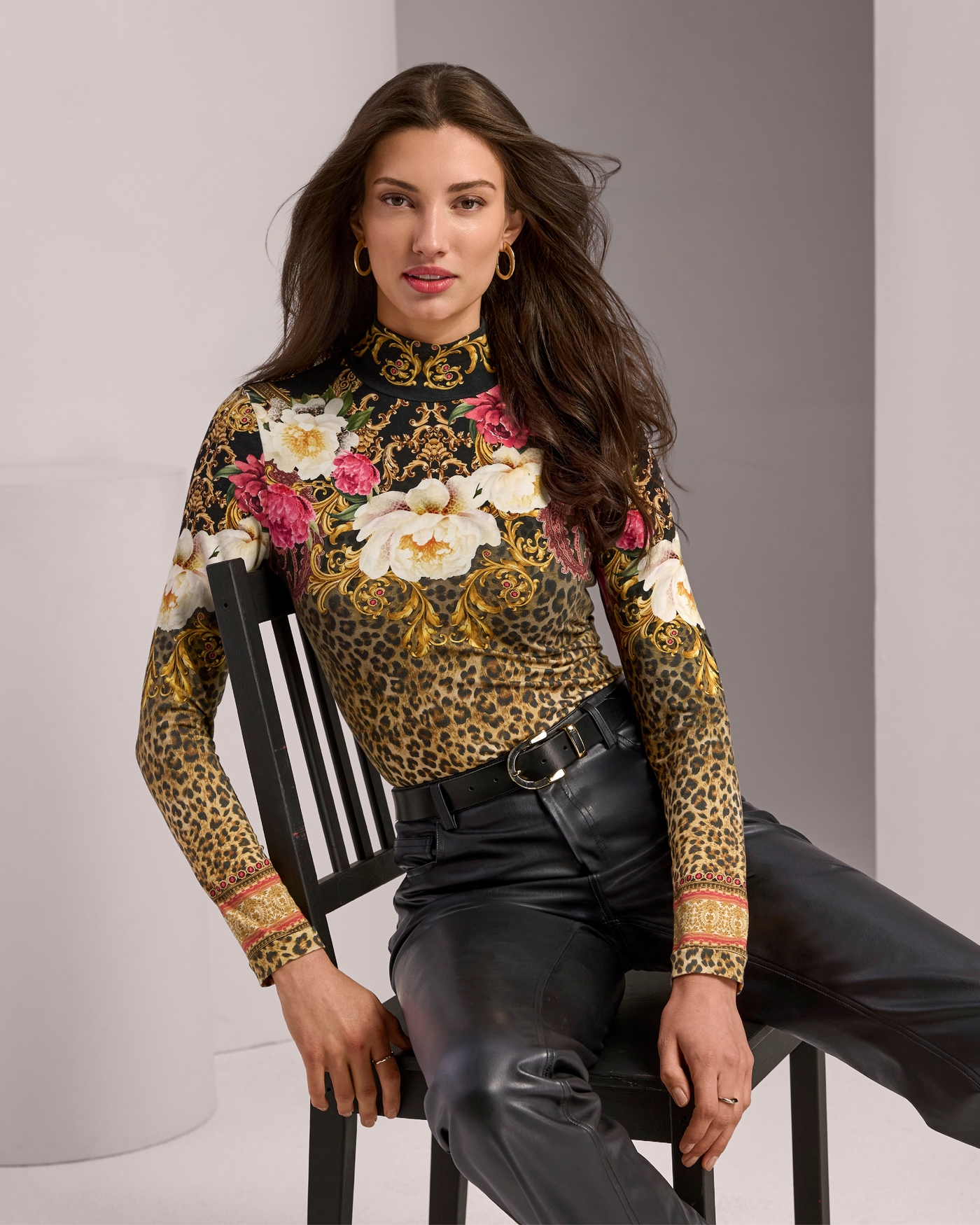 Long Sleeve Printed Turtleneck Top Cheetah Blooms
