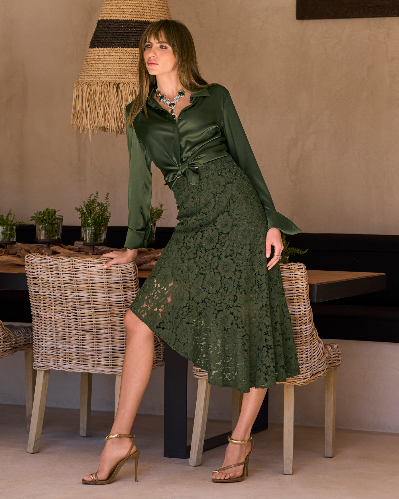 Asymmetrical Lace Midi Skirt Olive