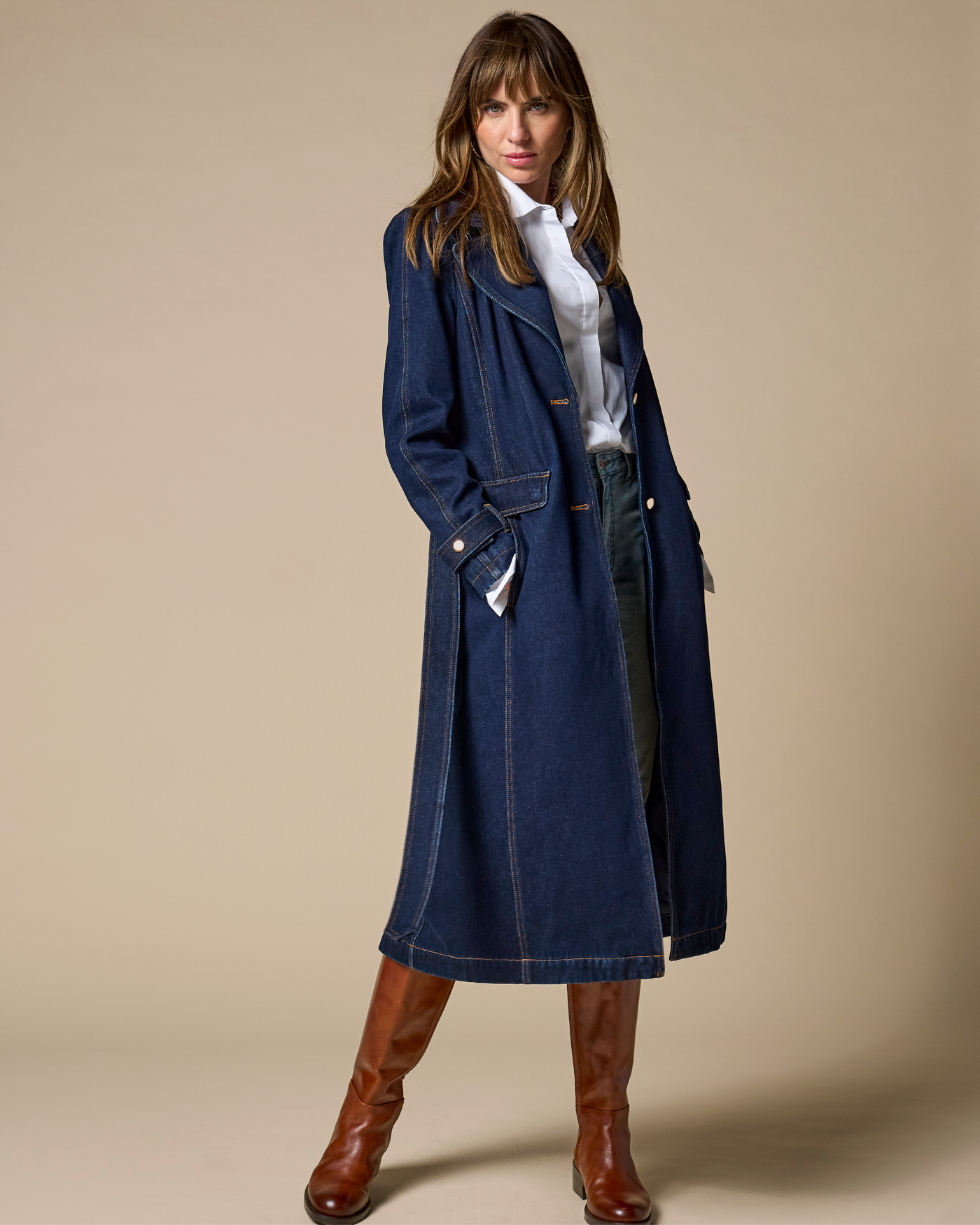 Chic Denim Belted Trench Coat Rinse