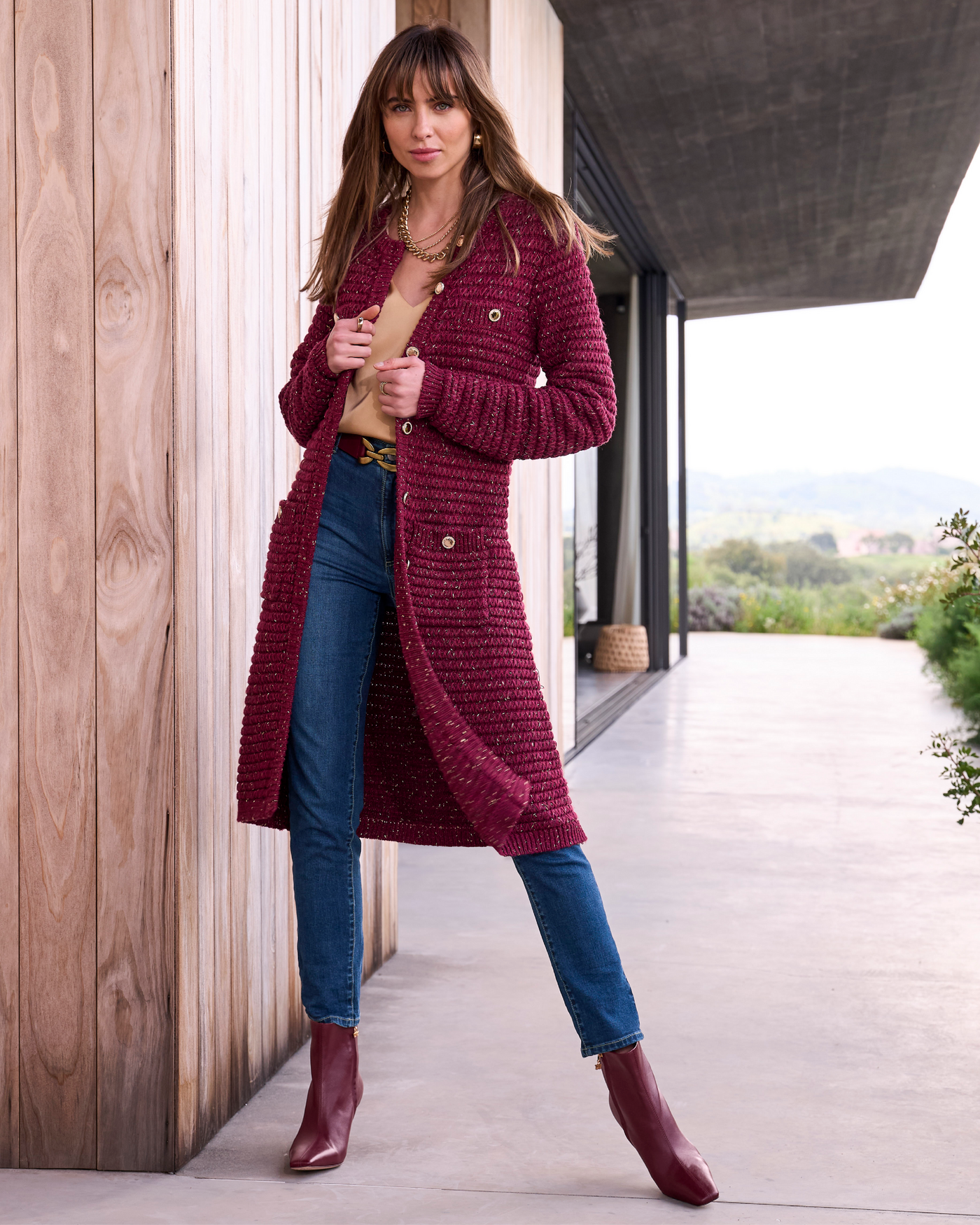 Marled Lurex Sweater Duster Burgundy Multi