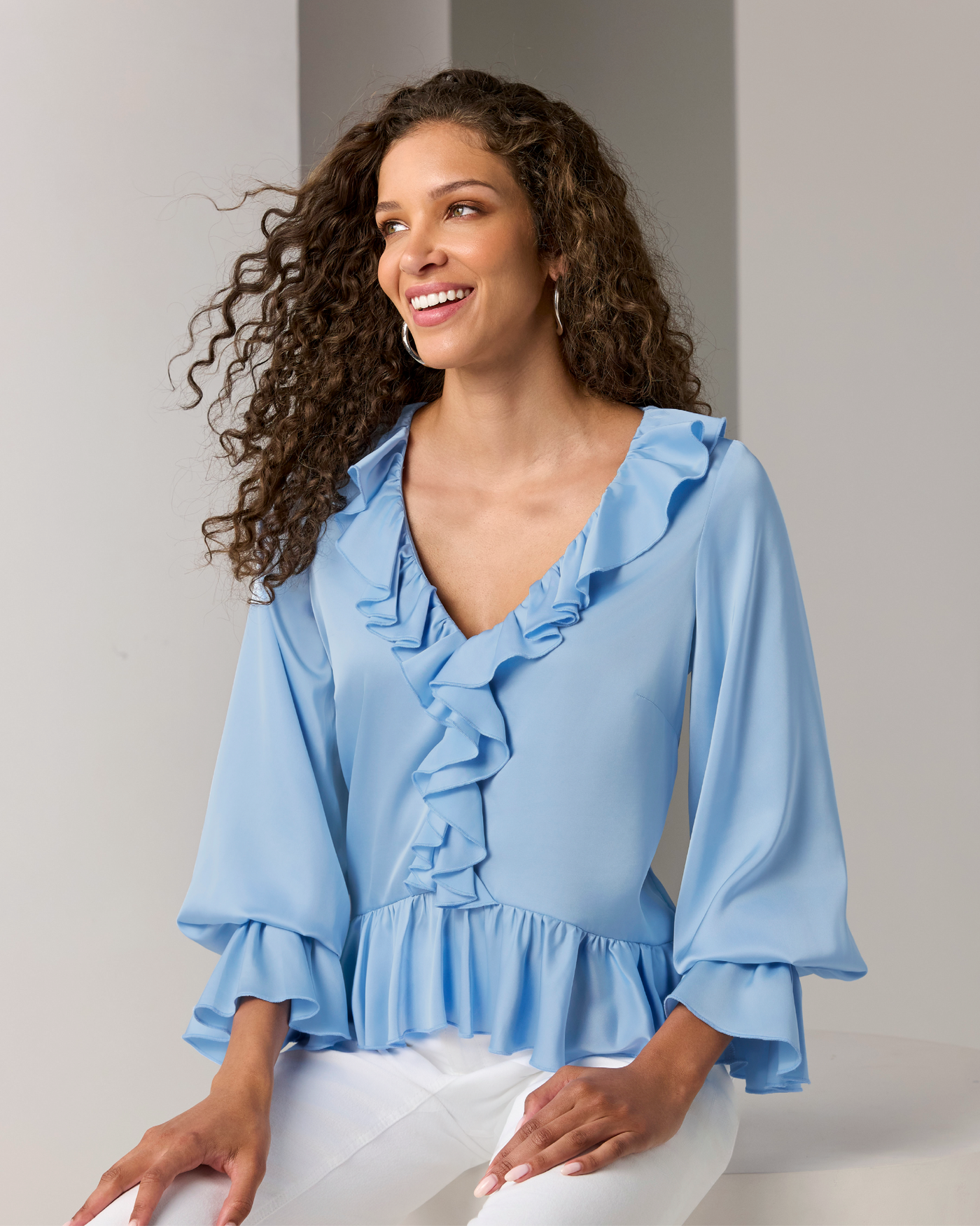 Paige Ruffle Charmeuse Blouse Blue Bell