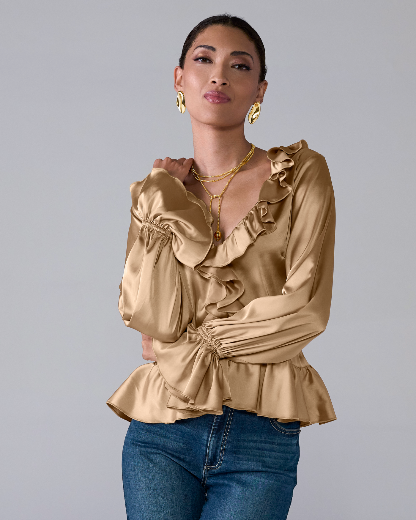 Paige Ruffle Charmeuse Blouse Champagne