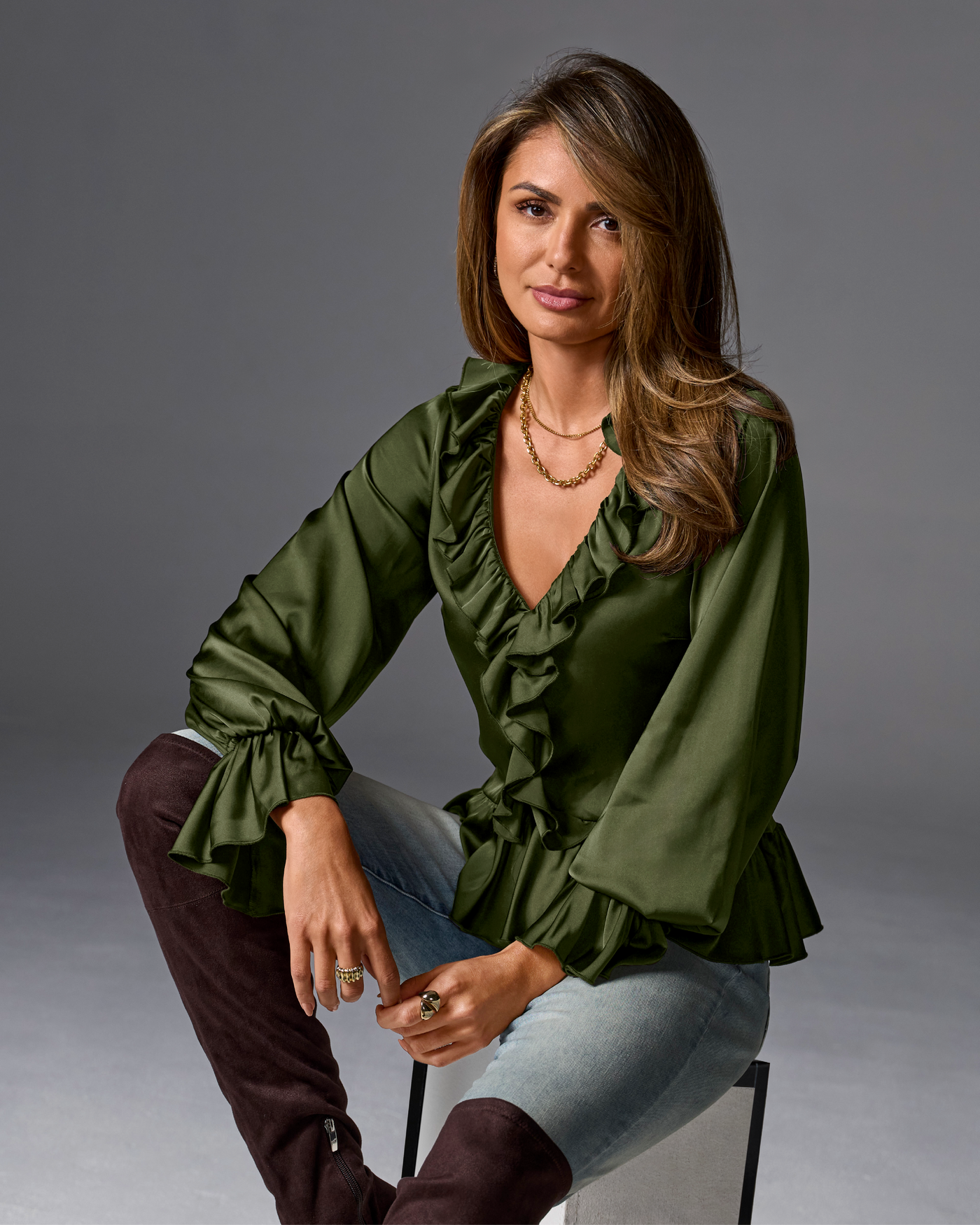Paige Ruffle Charmeuse Blouse Olive Night