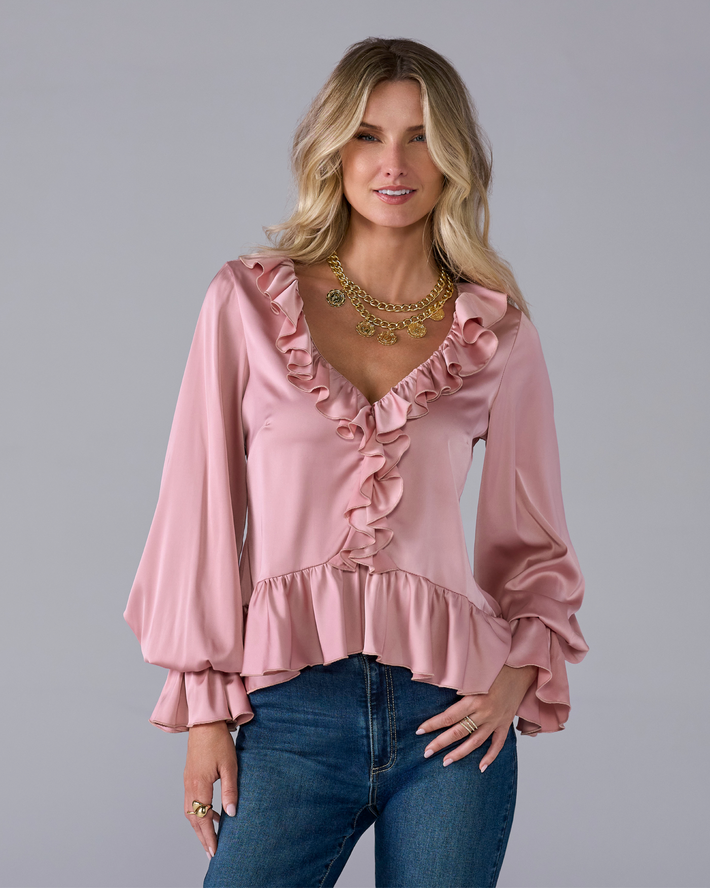 Paige Ruffle Charmeuse Blouse Coral Blush