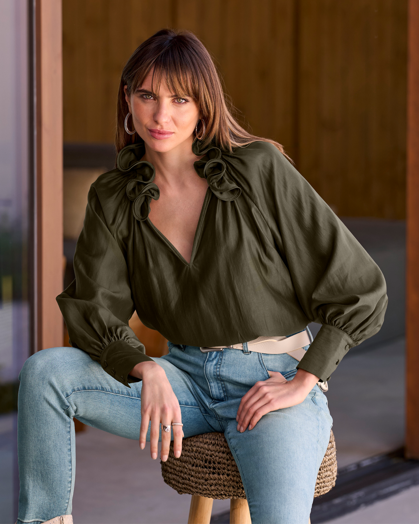 Ruffle Collar Blouse Olive Night