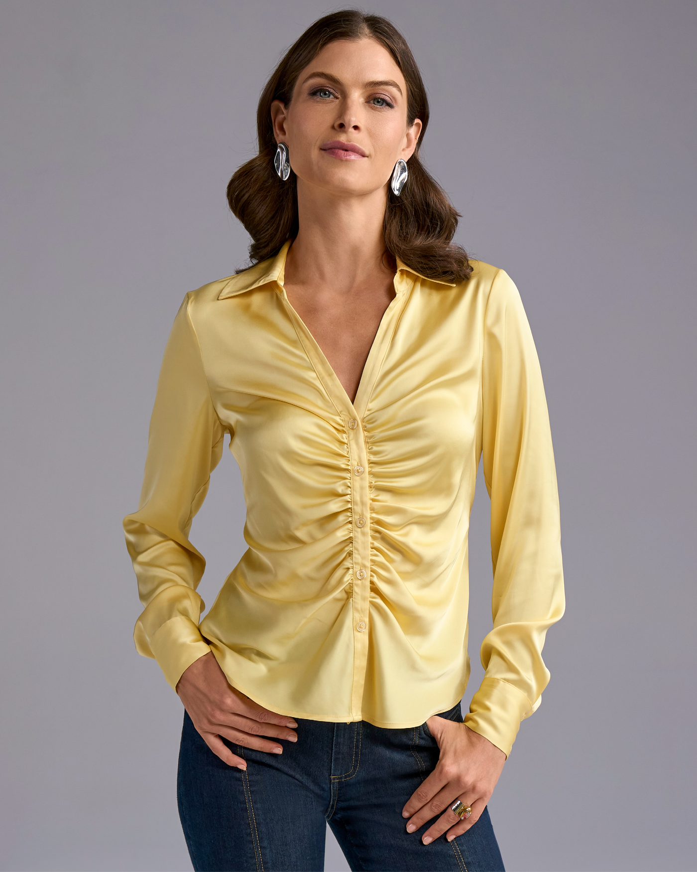 Jessie Charmeuse Ruched Center Front Button Up Shirt Pale Banana