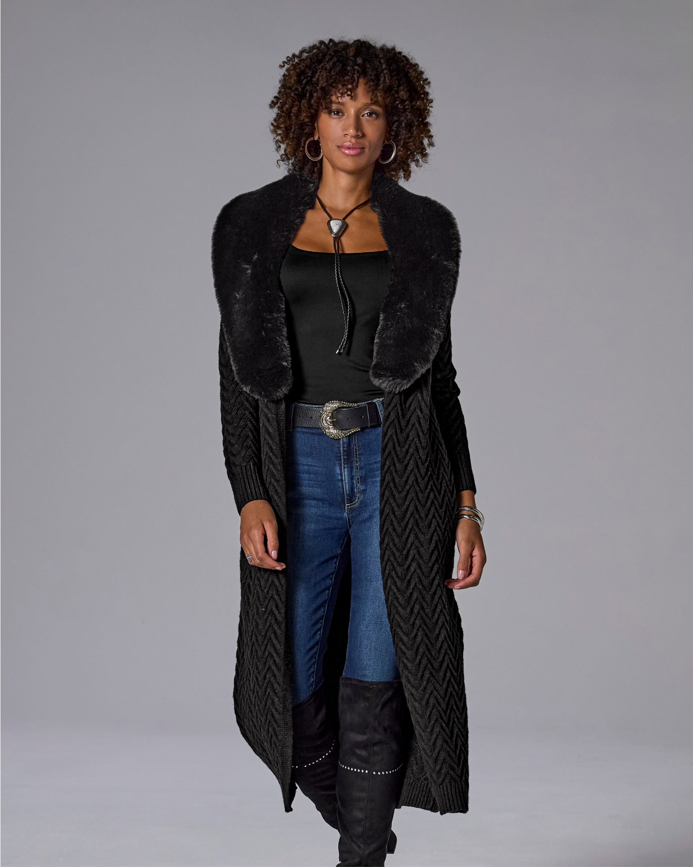 Faux Fur Trim Sweater Duster Proper Black