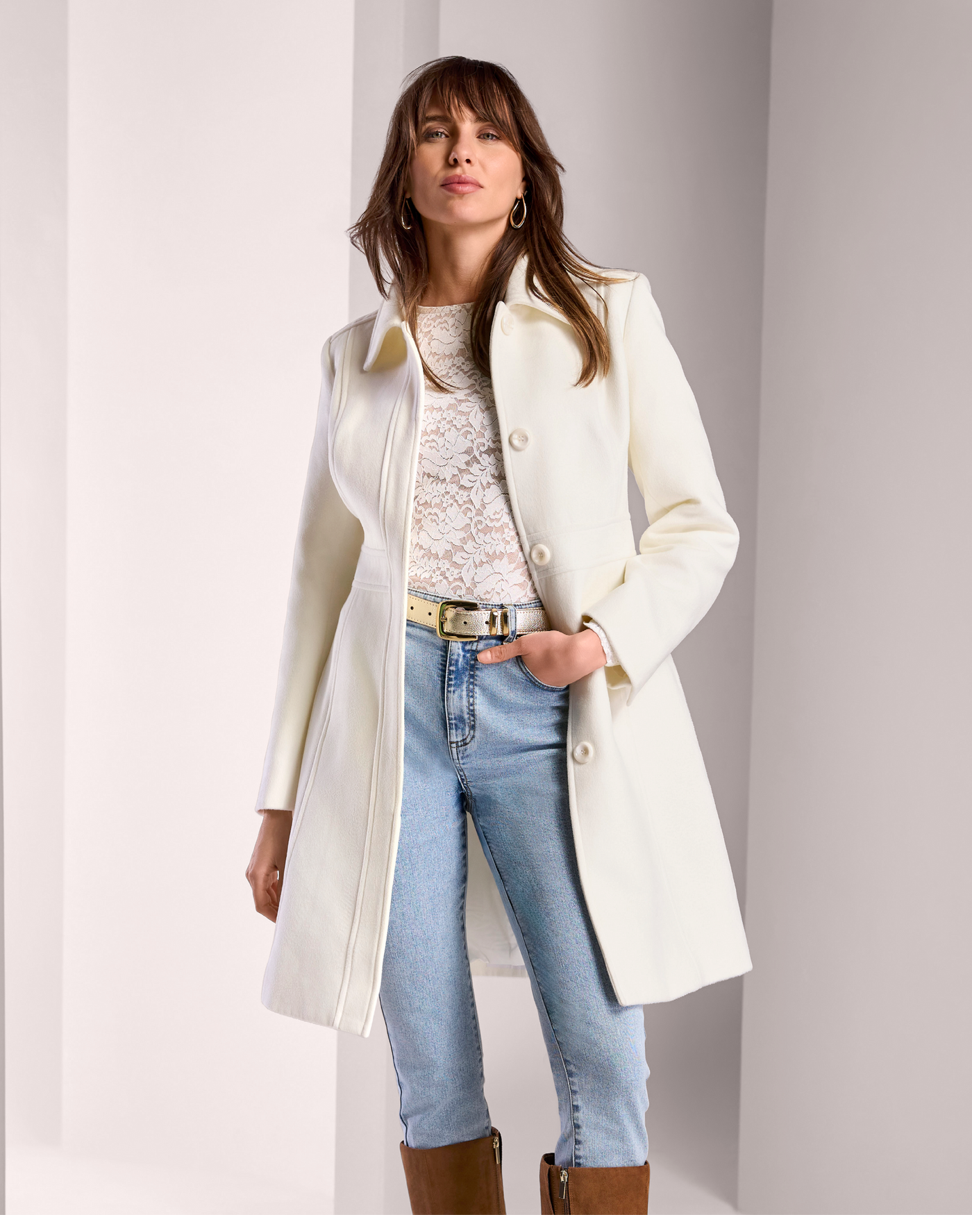 Luxe Collared Waist Shape Topcoat Off White