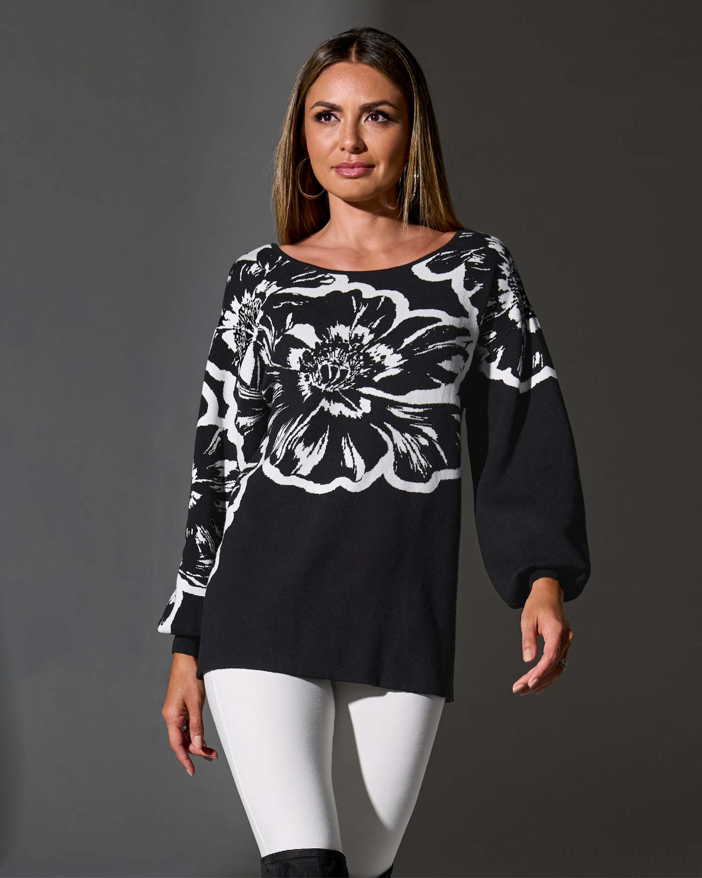 Printed Slouchy Boatneck Sweater Contrast Floral