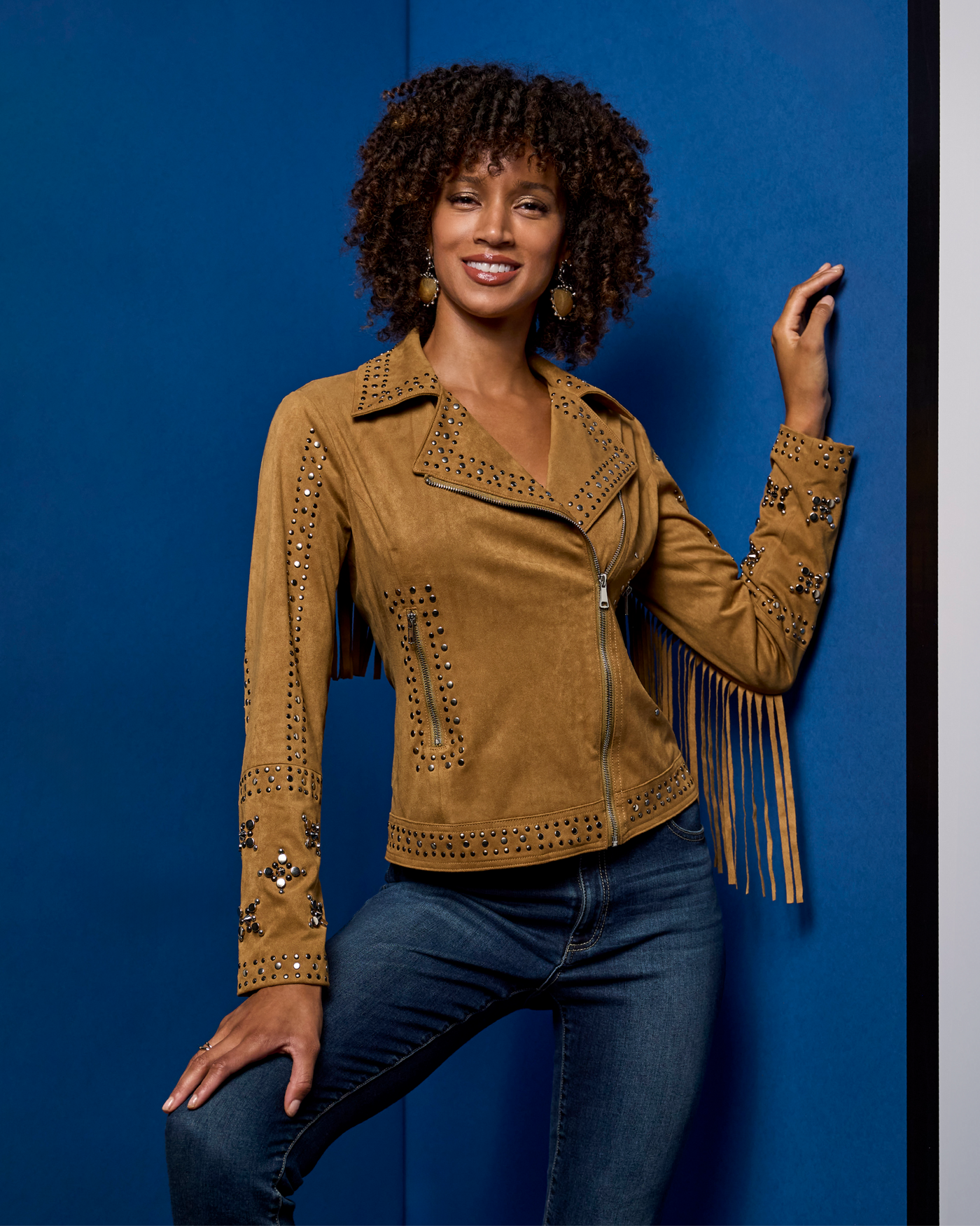 Studded Faux Suede Fringe Moto Jacket Camel