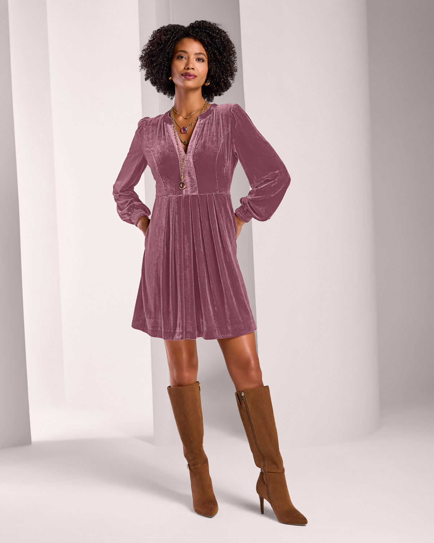 Crushed Velvet Pleated Shift Dress Mesa Rose