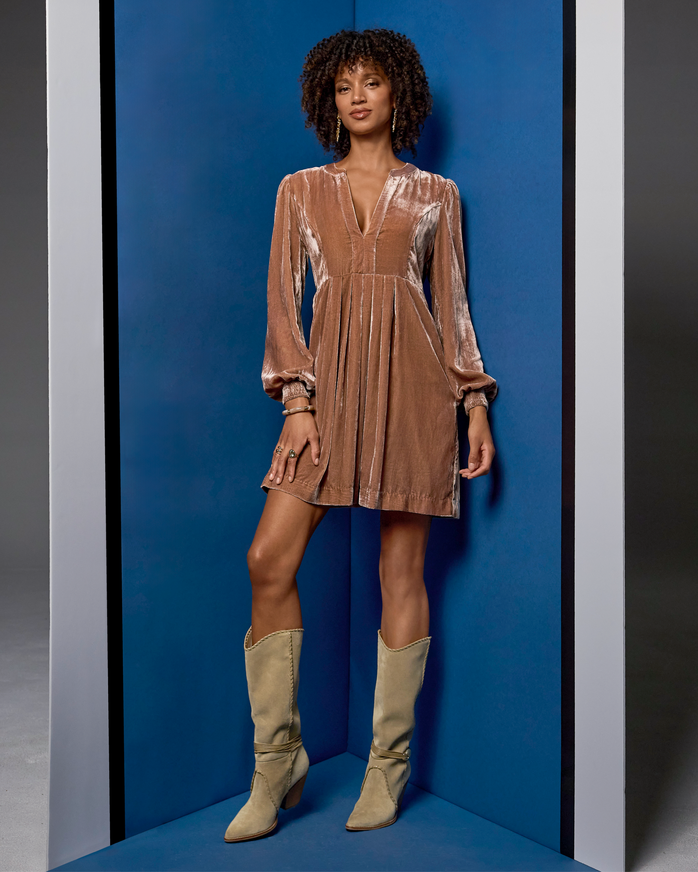 Crushed Velvet Pleated Shift Dress Mocha Mousse