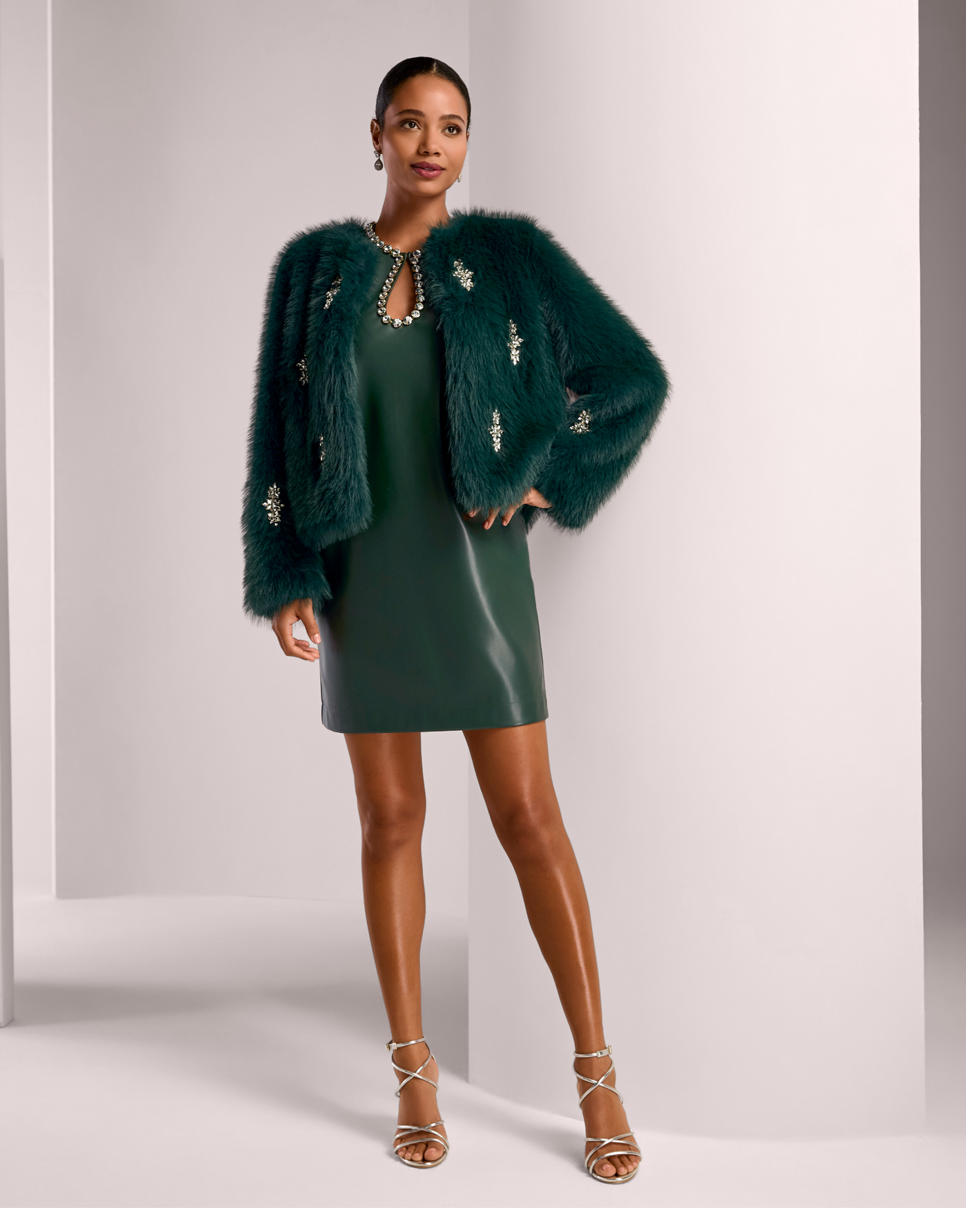 leather dress with fur Faux Crystal Embellished Keyhole Shift Hunt Club TM_30
