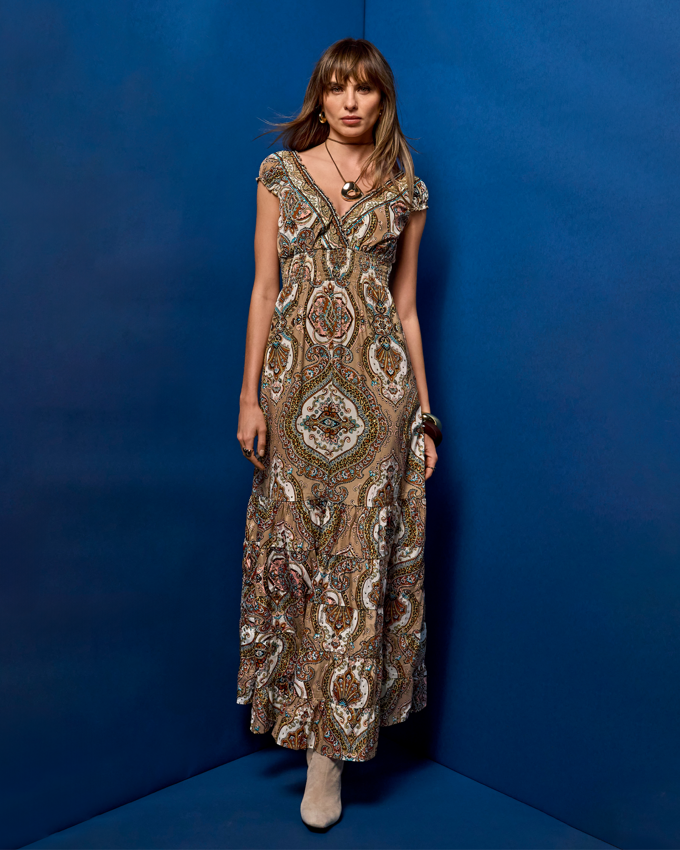 Foil Metallic Print Tiered Maxi Dress Festive Medallion