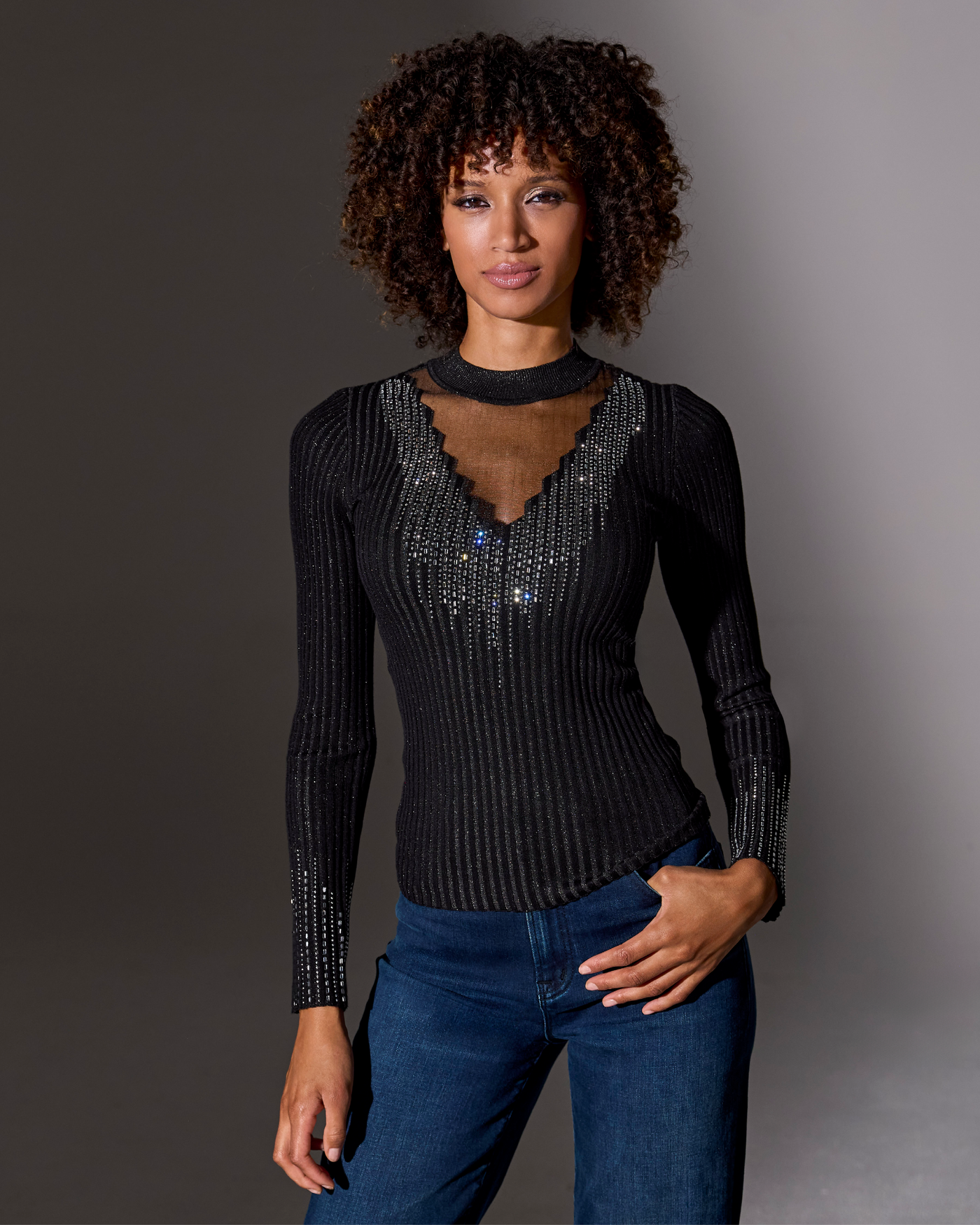 Rhinestone Embellished Mesh Illusion Sweater Proper Black