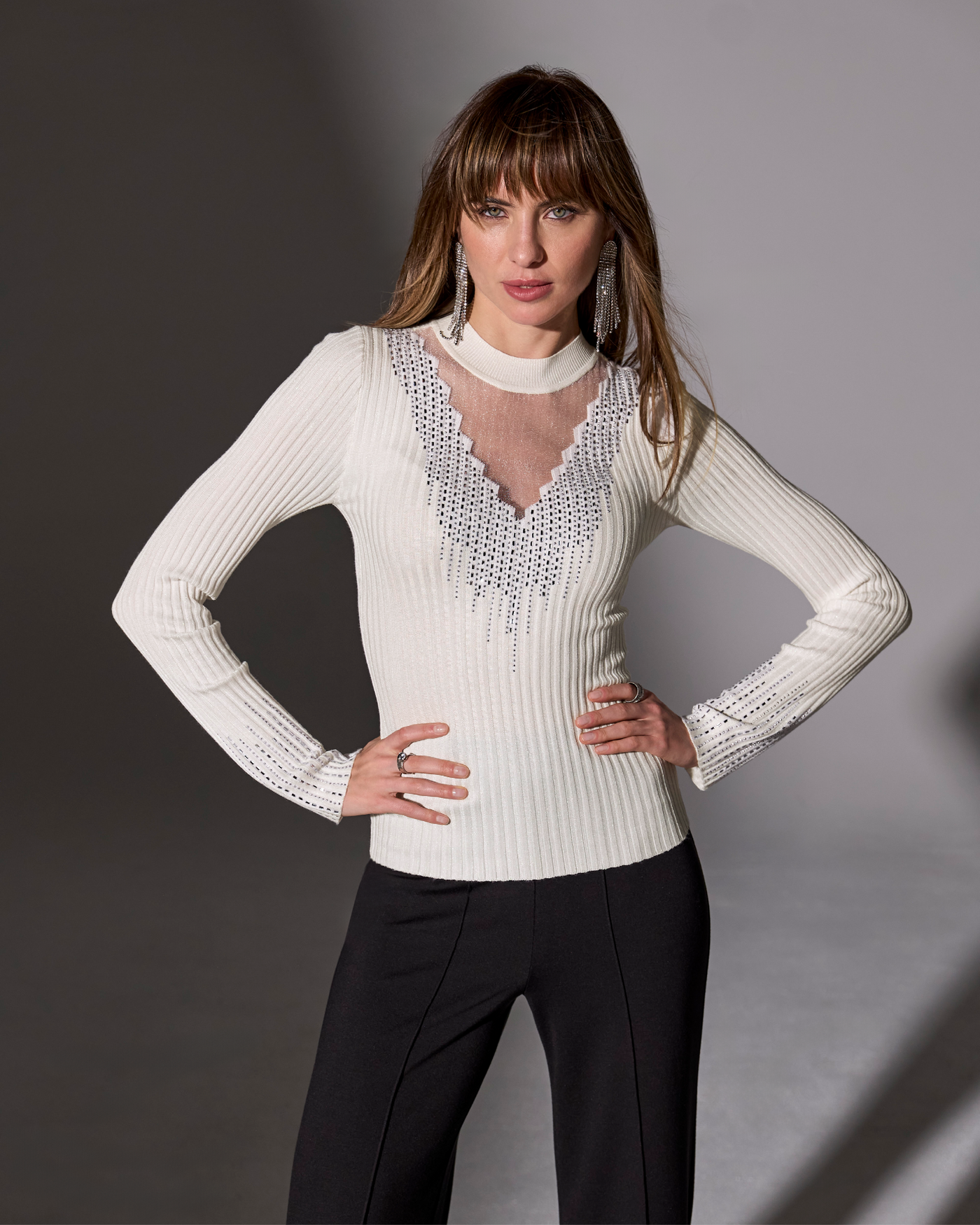 Rhinestone Embellished Mesh Illusion Sweater Off White