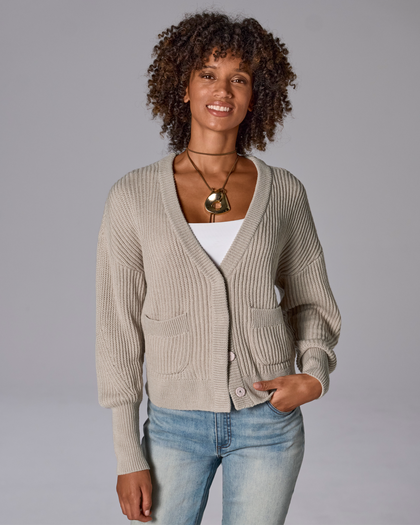 Relaxed Ribbed V-Neck Cardigan Heather Oatmeal